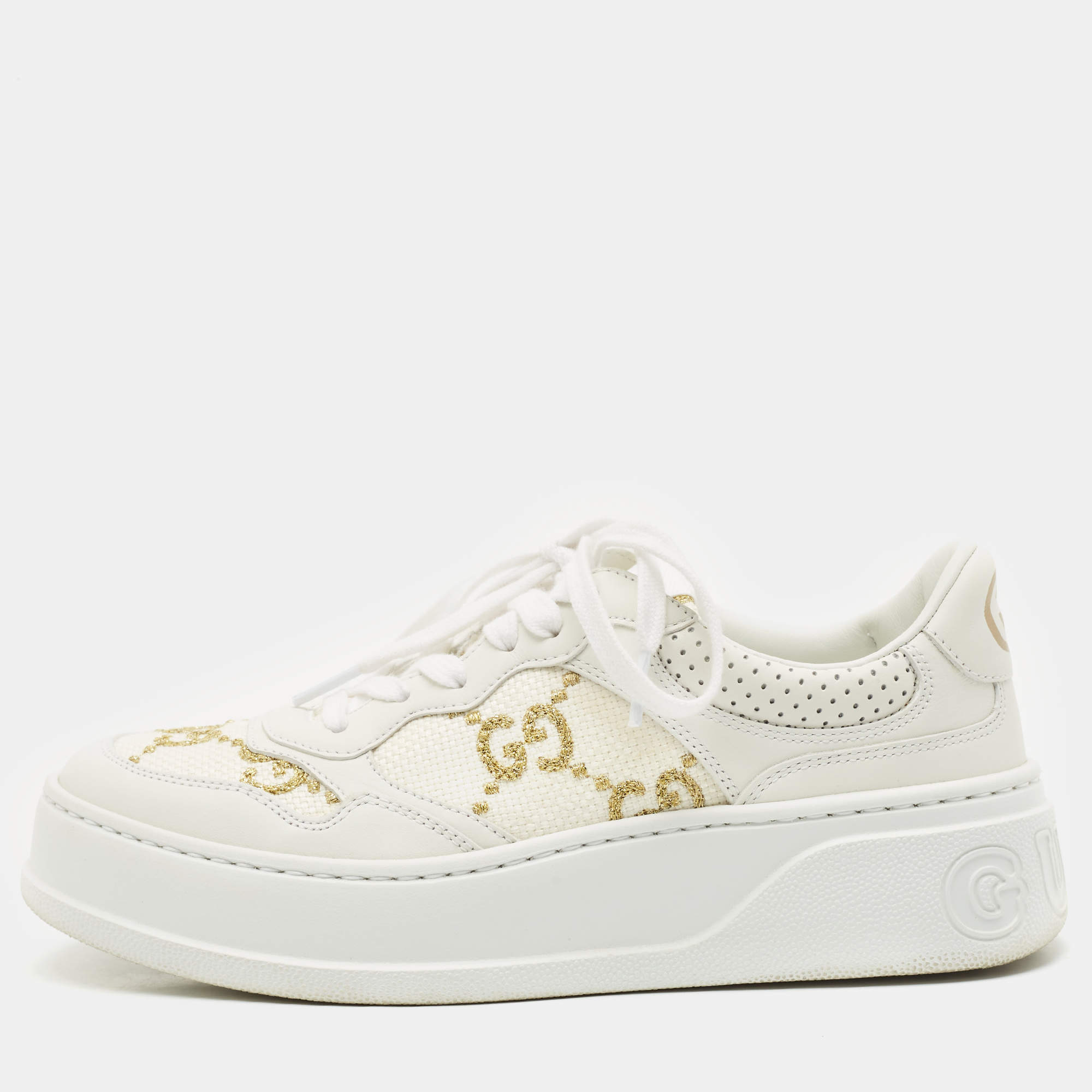 Gucci White Leather Gold Lame GG Platform Sneakers Size 38.5