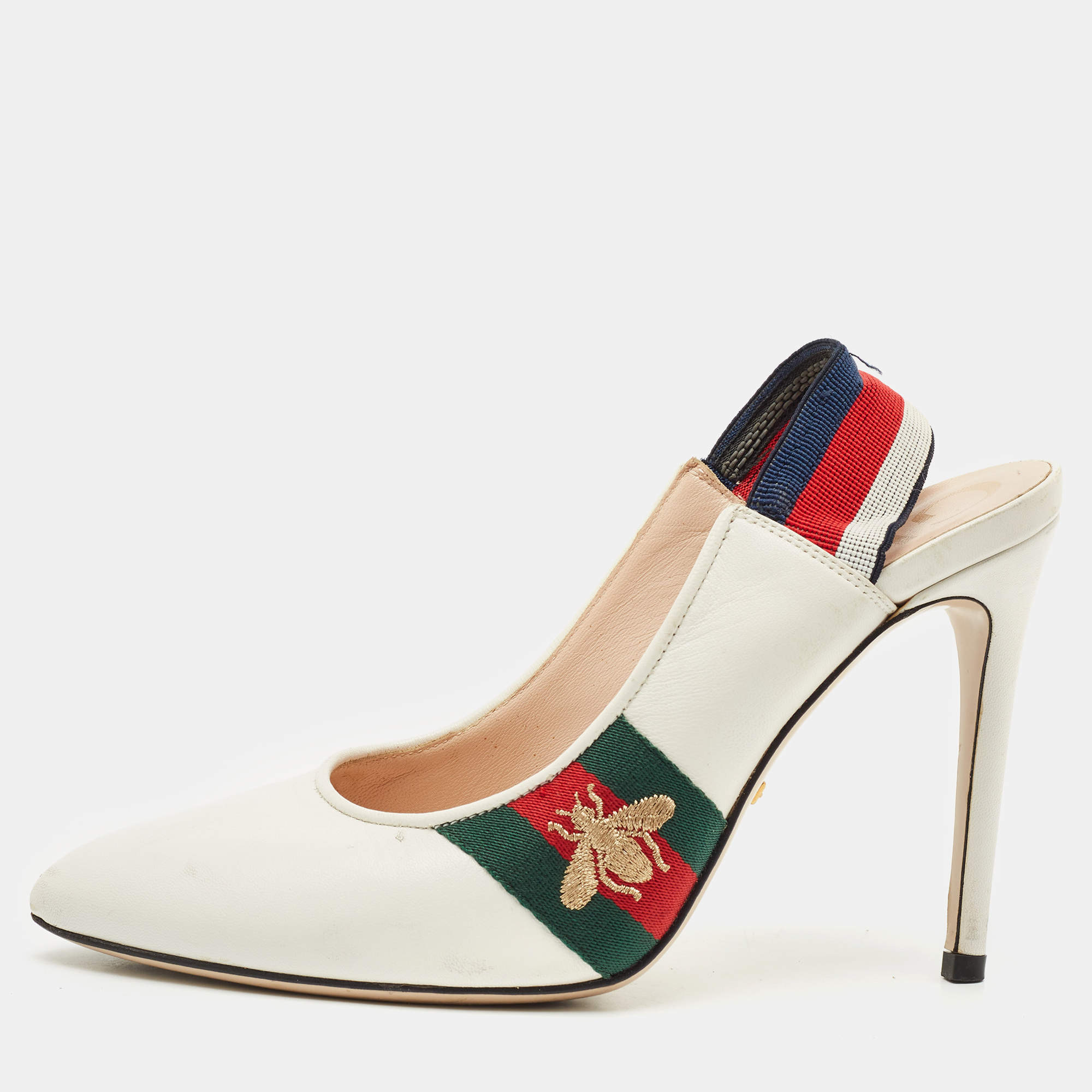 Gucci White Leather Bee Web Detail Sylvie Slingback Pumps Size 36.5