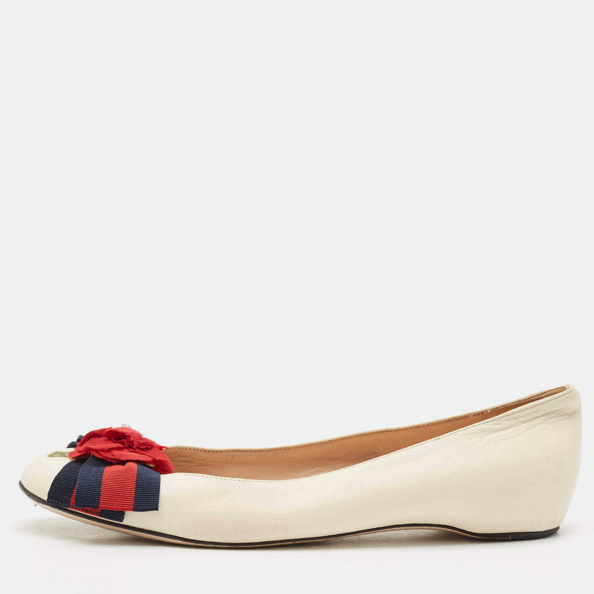 Gucci Cream Leather Web Bow Rose Detail Ballet Flats Size 37