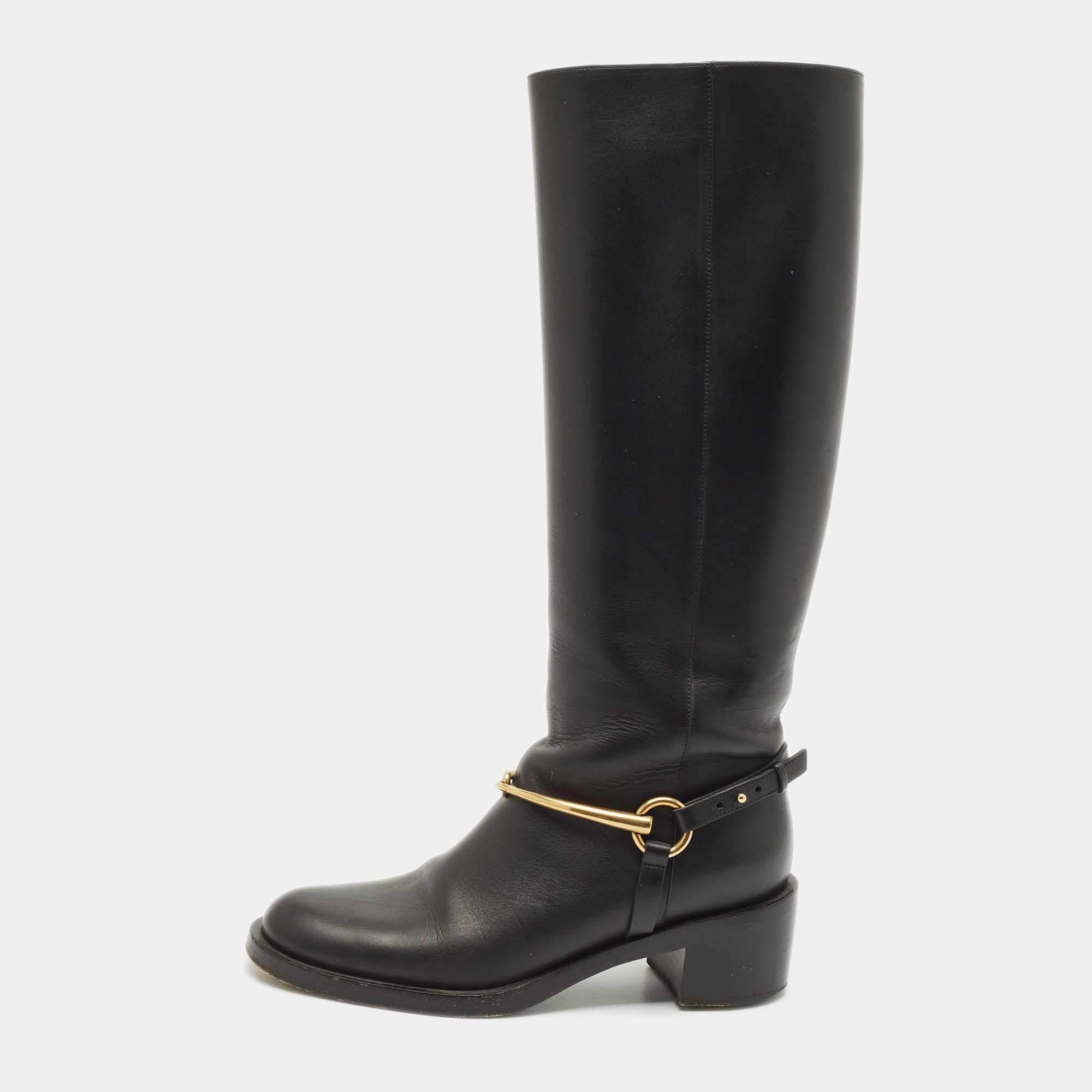 Gucci Black Leather Horsebit Knee Length Boots Size 35