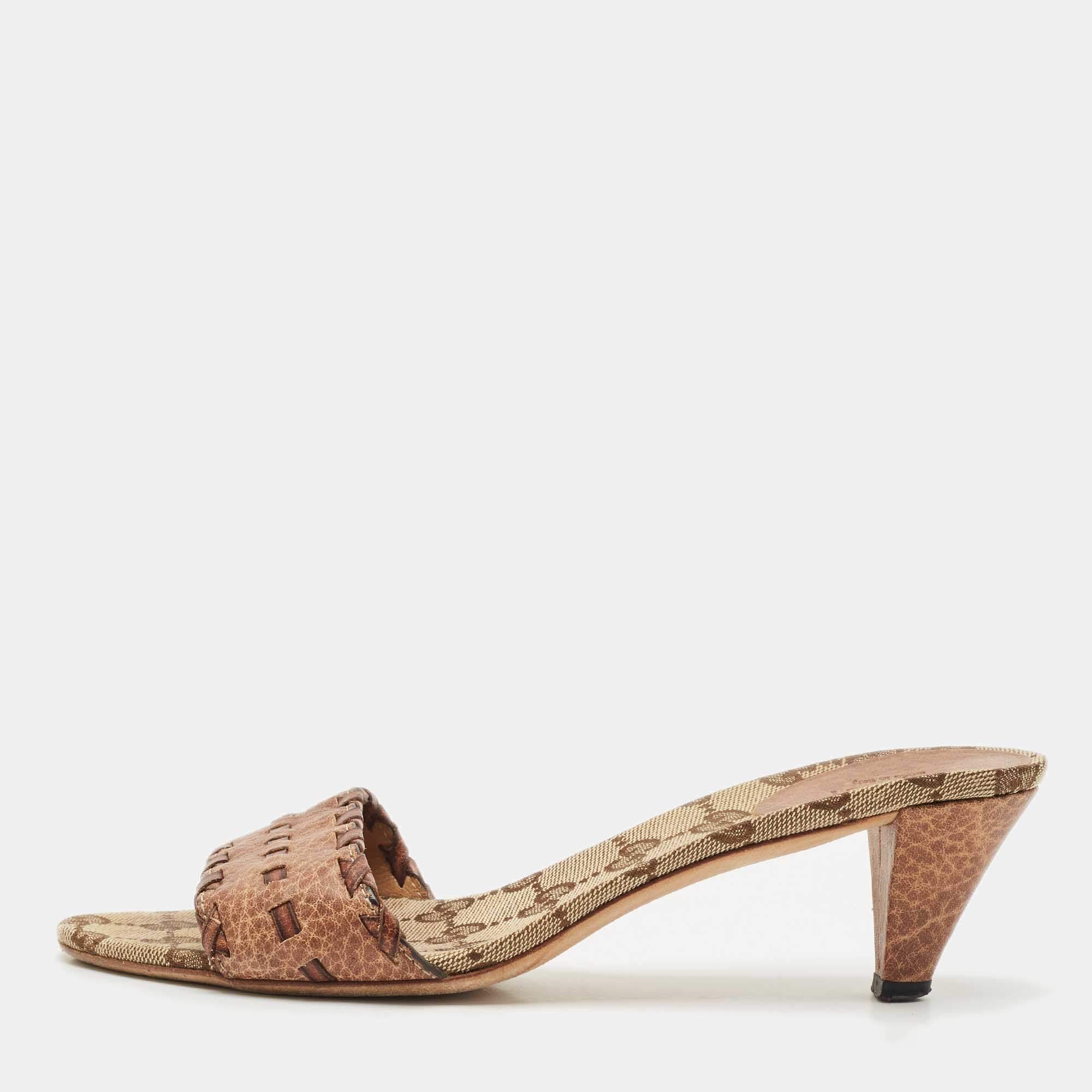 Gucci Brown Leather and GG Canvas Slide Sandals Size 37.5