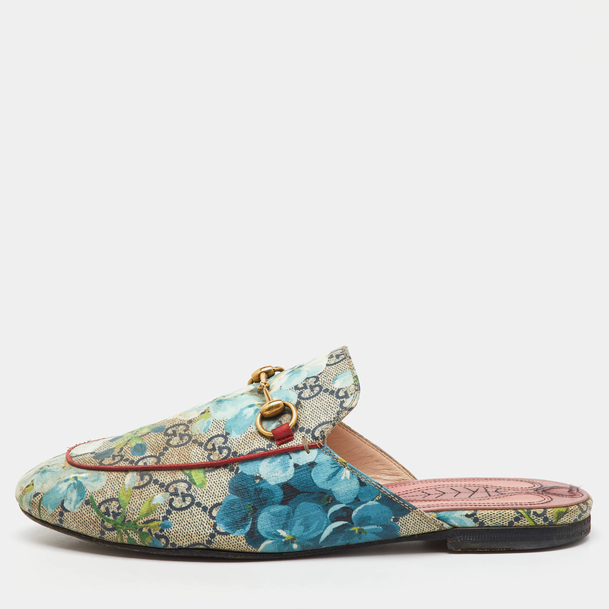 Gucci Multicolor GG Supreme Canvas Blooms Princetown Flat Mules Size 38.5
