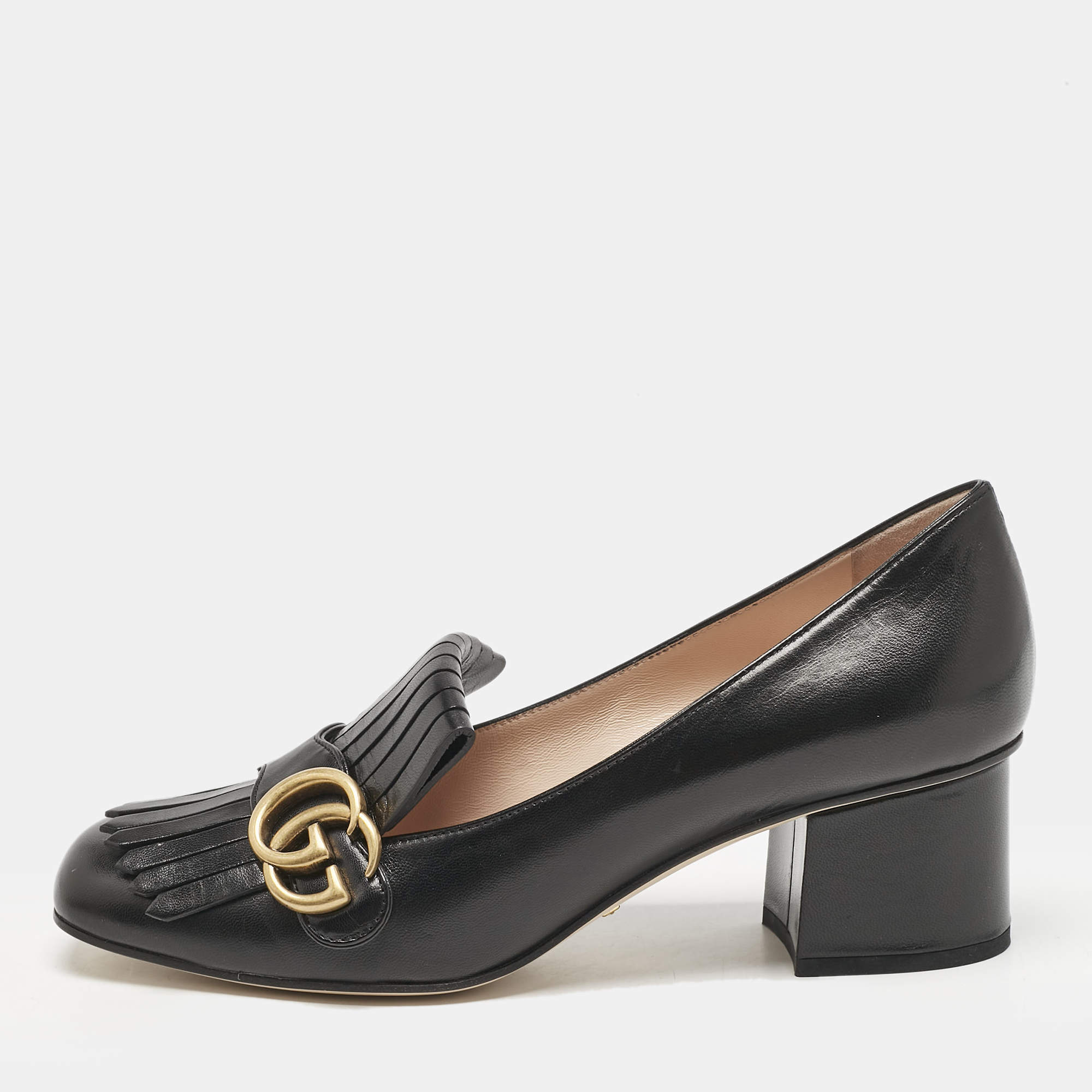 مملوكة مسبقًا Gucci Black Leather Marmont GG Fringe Detail Block Heel Pumps Size 39