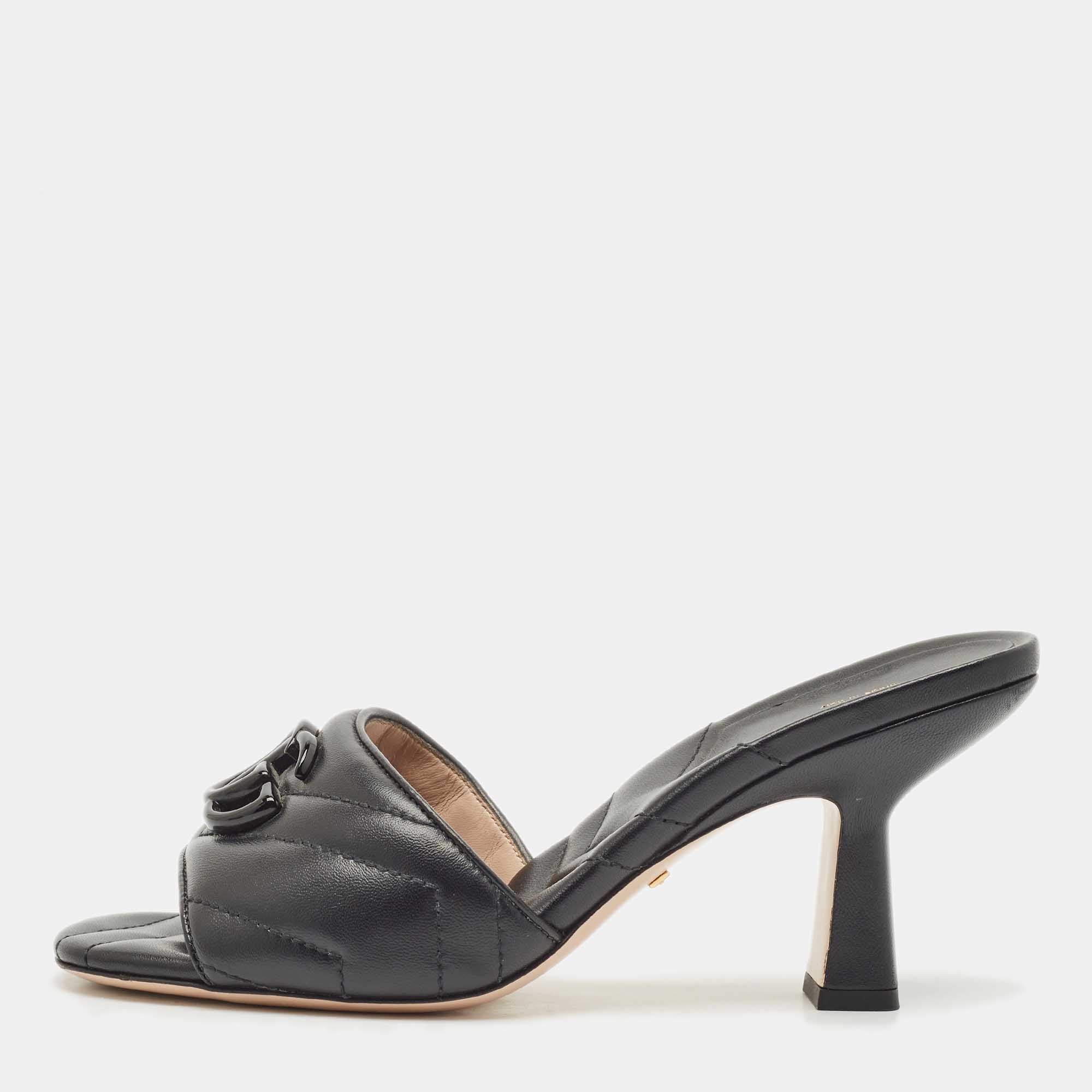 Pre Owned Gucci Black Matelasse Leather GG Marmont Slide Sandals Size 36