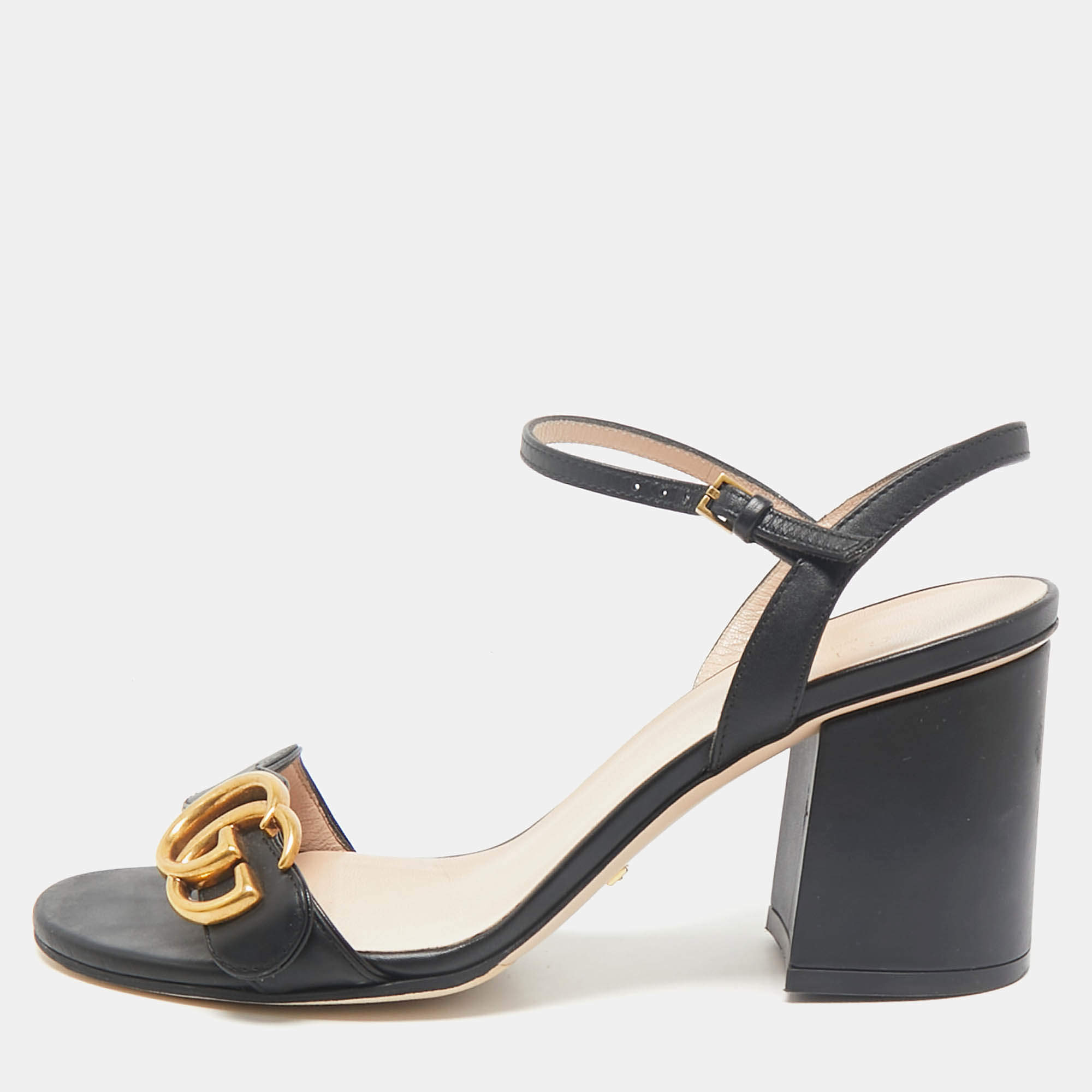 Pre Owned Gucci Black Leather GG Marmont Block Heel Ankle Strap Sandals Size 36.5