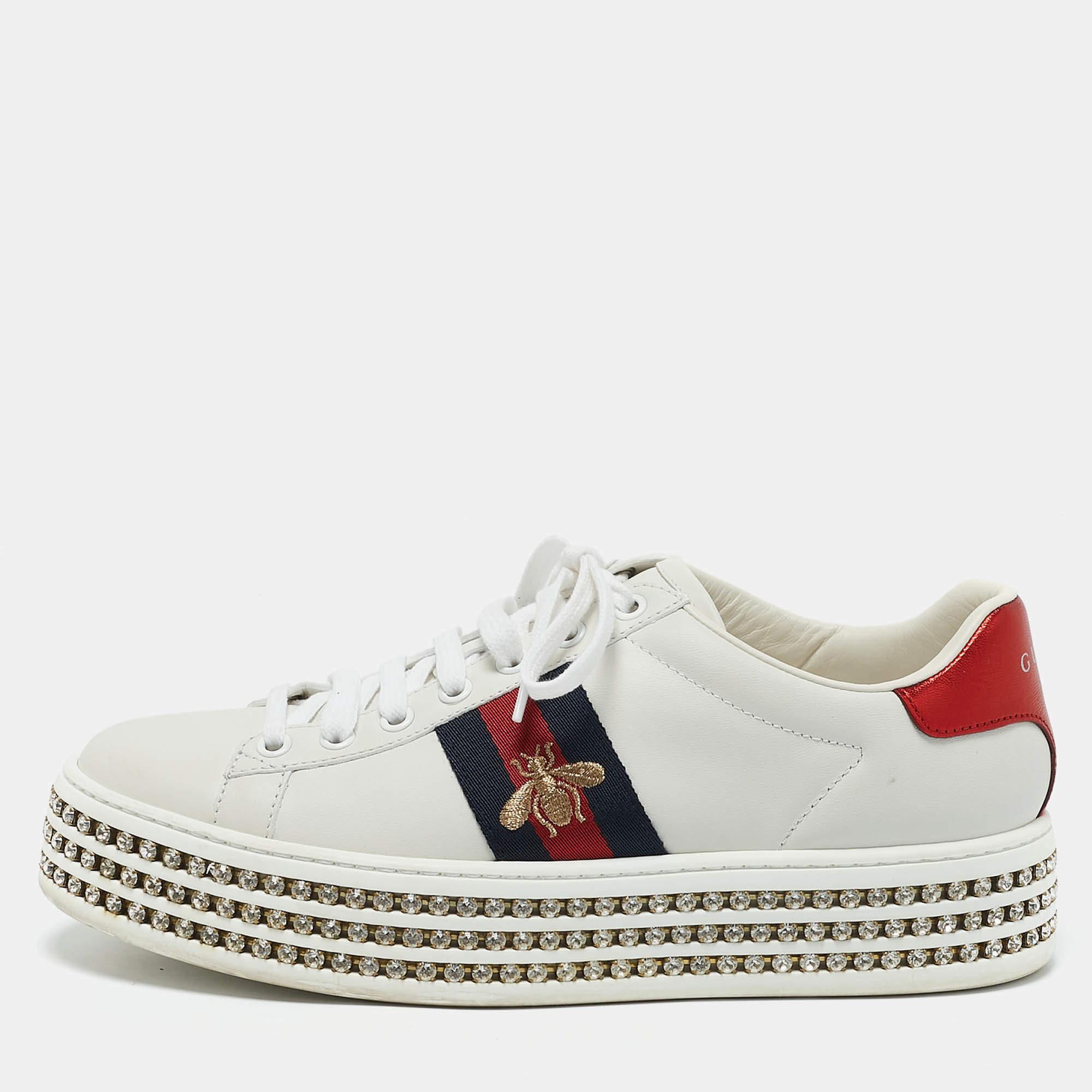 Gucci White Leather Crystal Embellished Platform Ace Sneakers Size 38