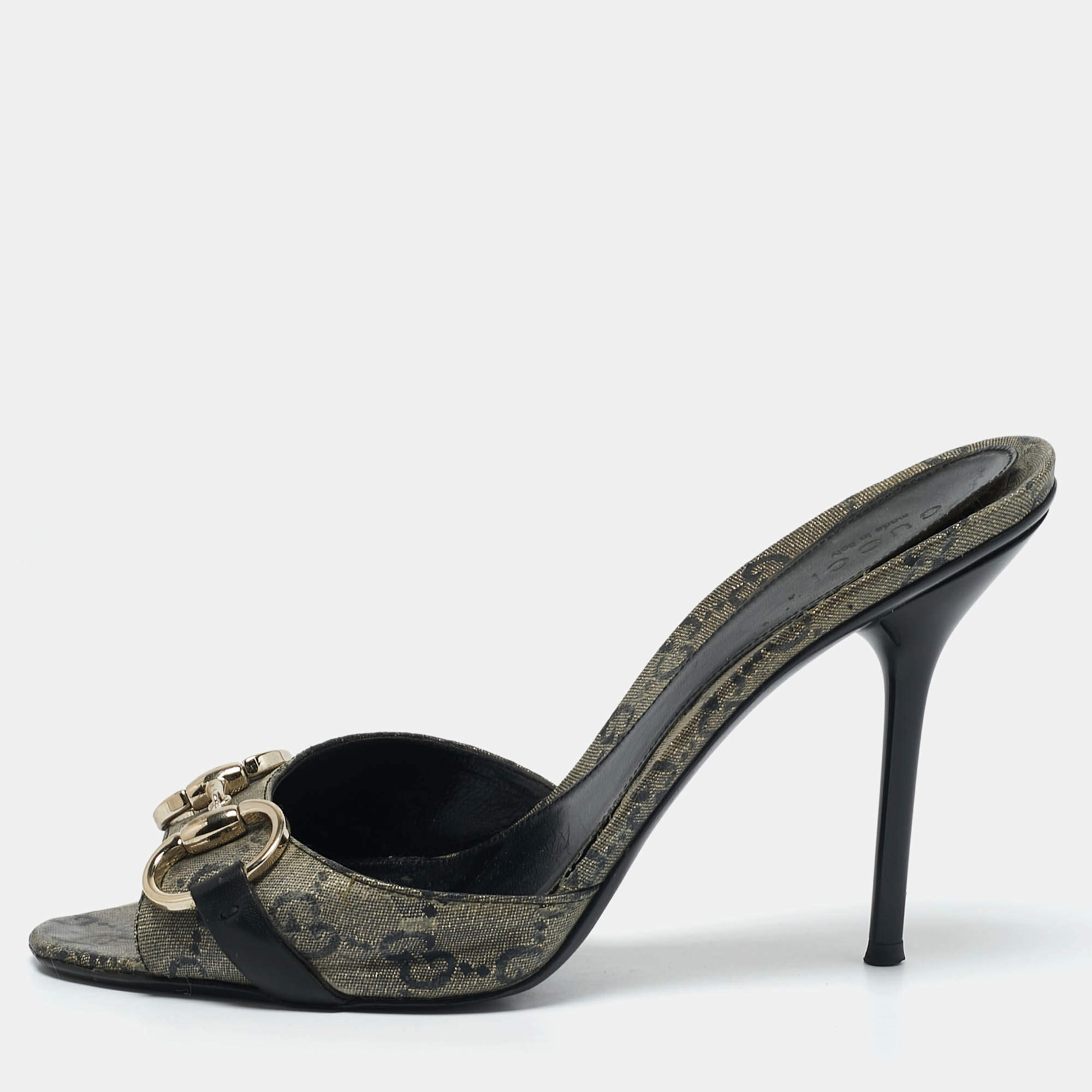 Gucci Grey/Navy Blue GG Supreme Canvas Horsebit Open Toe Slide Sandals Size 37