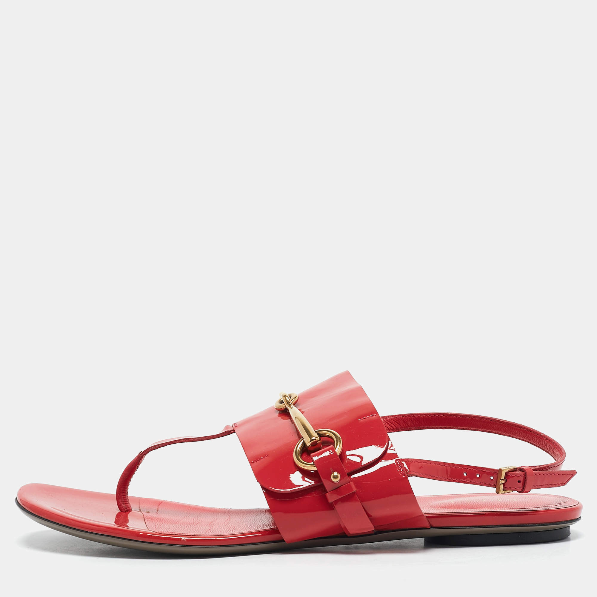 Gucci Pink Patent Leather Horsebit Thong Slingback Flat Sandals Size 39.5