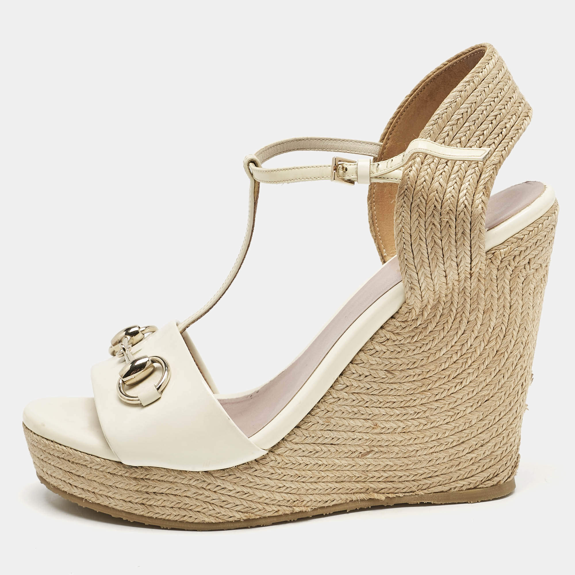 Gucci White Patent Leather Horsebit T-Strap Espadrille Platform Wedge Sandals Size 37