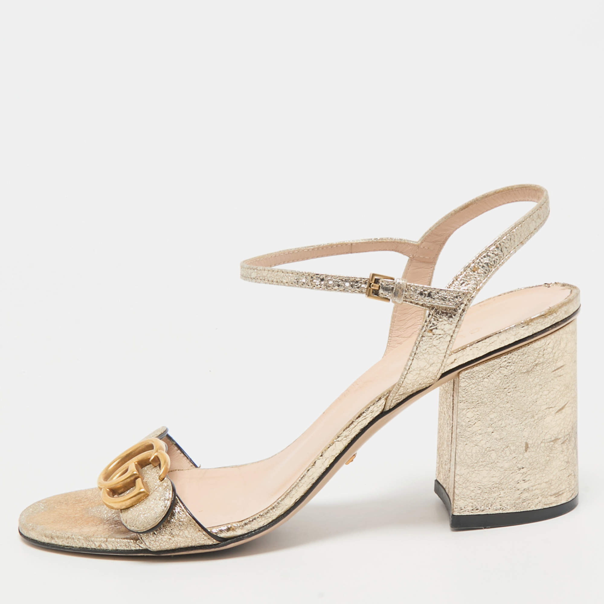 Gucci Metallic Gold Crinkled Leather GG Marmont Ankle Strap Sandals Size 39