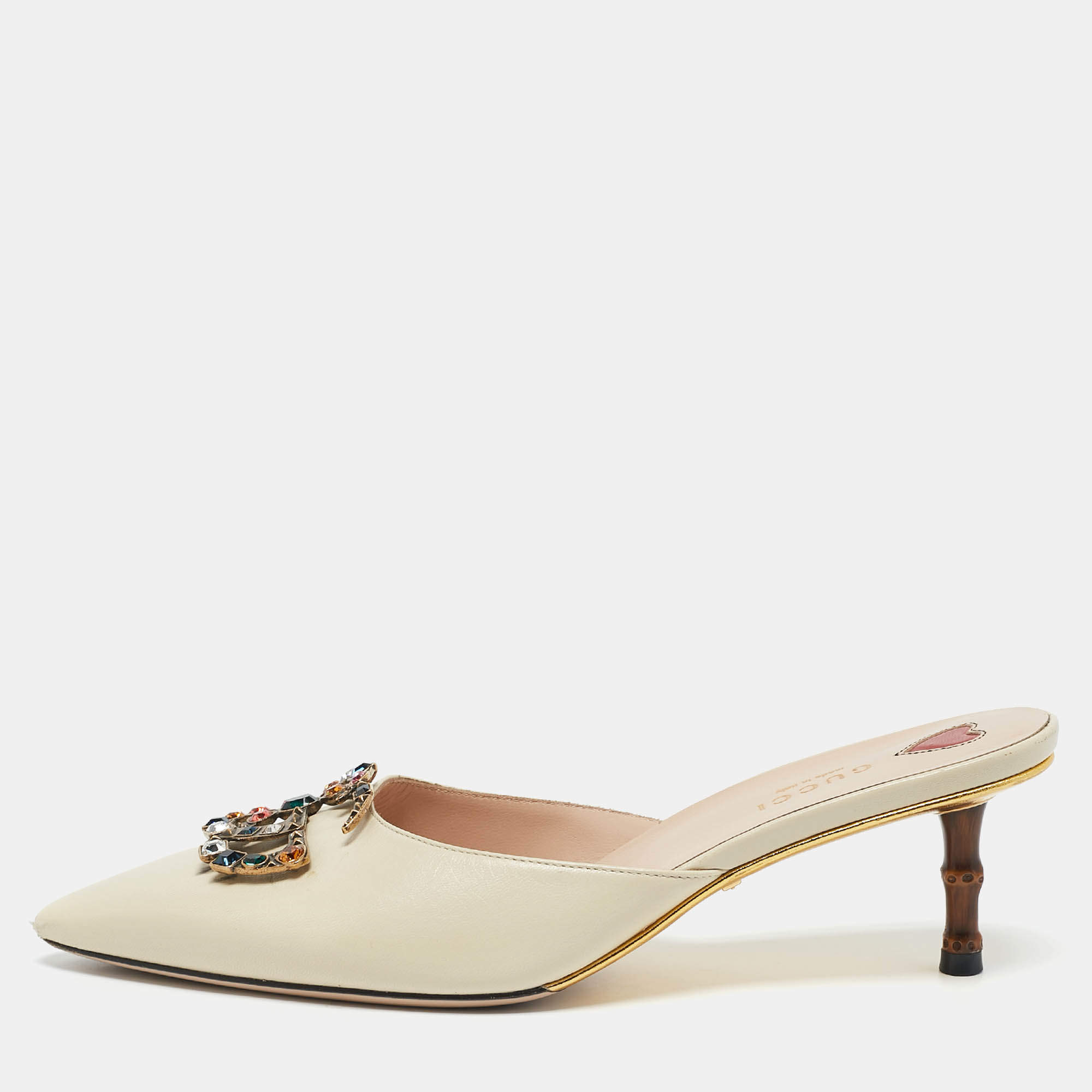 Gucci Cream Leather Unia Crystal Embellished Mules Size 38