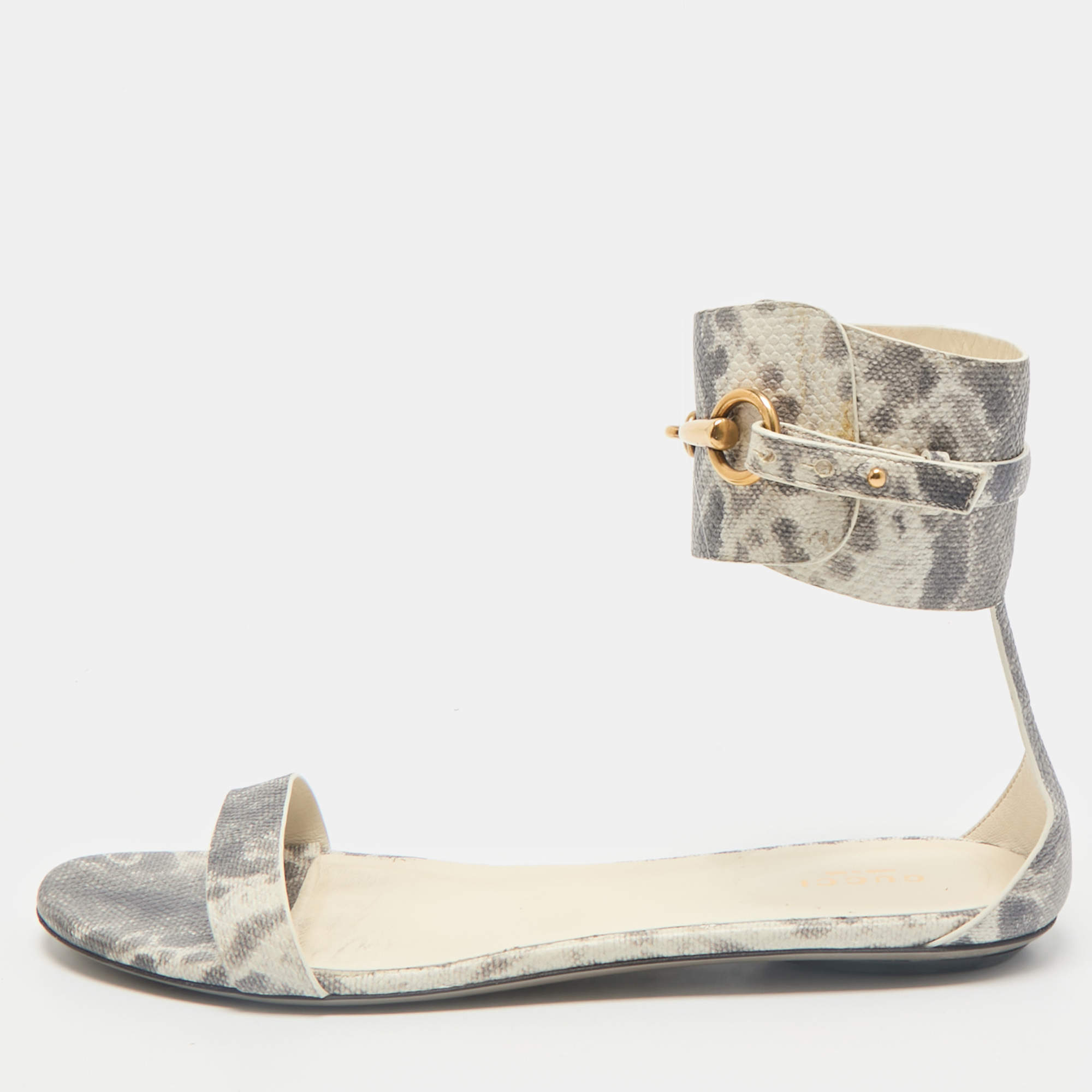Gucci Grey Python Embossed Leather Horsebit Flat Sandals Size 39.5
