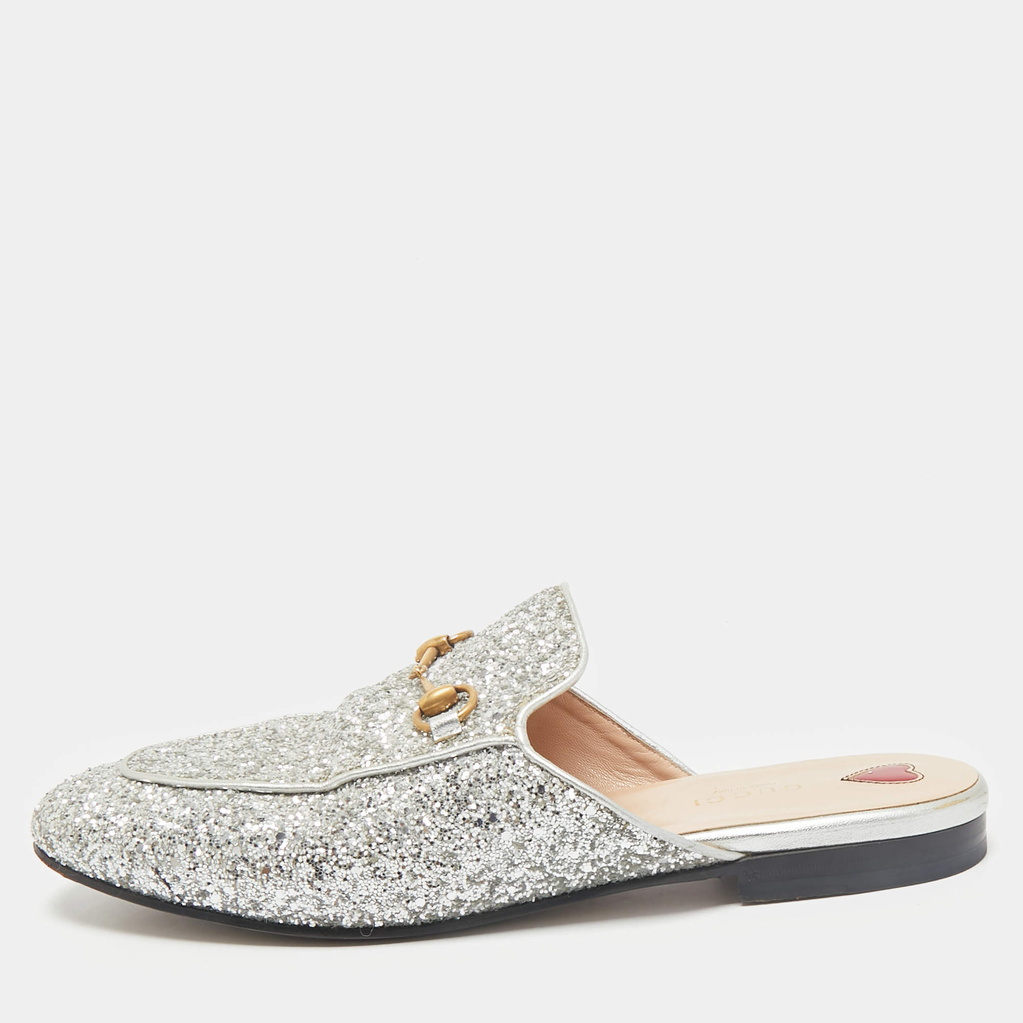 Gucci Silver Glitter Princetown Horsebit Flat Mules Size 40