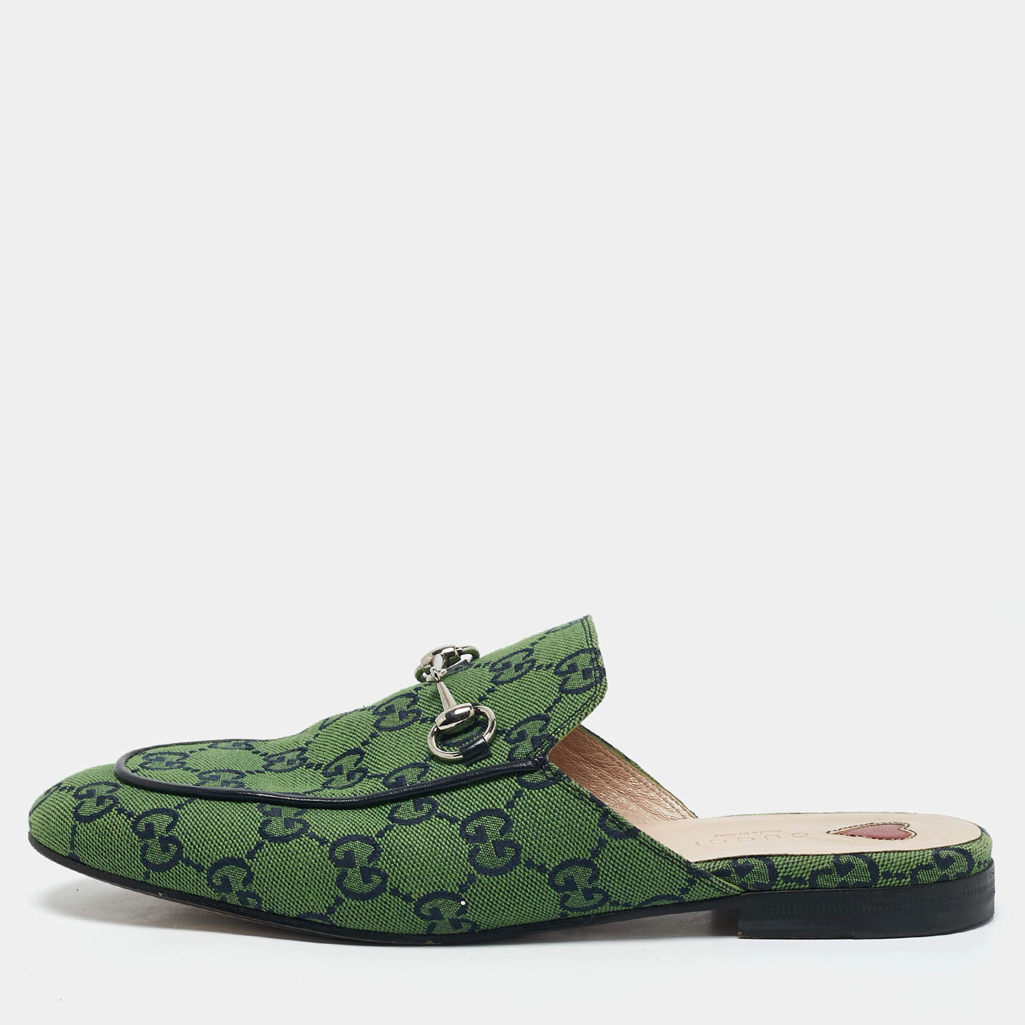 Gucci Green/Navy Blue GG Canvas Princetown Horsebit Flat Mules Size 38