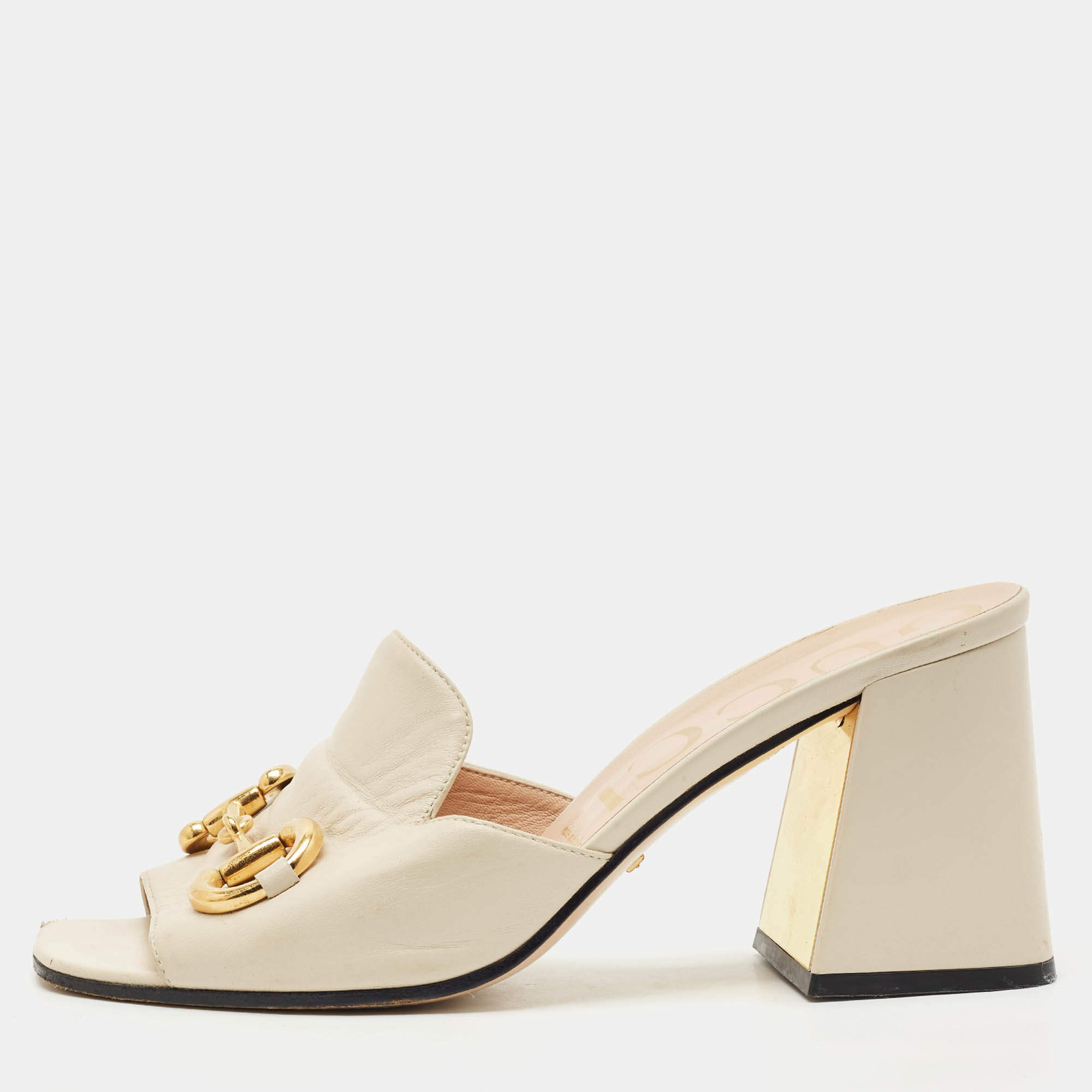 Gucci Off White Leather Horsebit Block Heel Slide Sandals Size 39