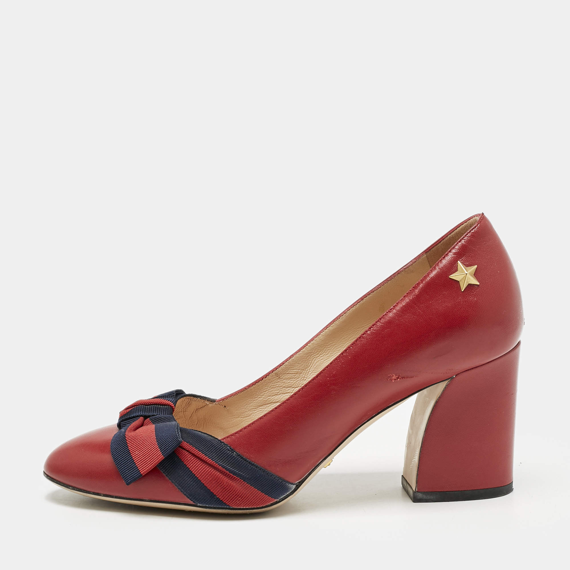 Gucci Red Leather Web Bow Block Heel Pumps Size 36.5