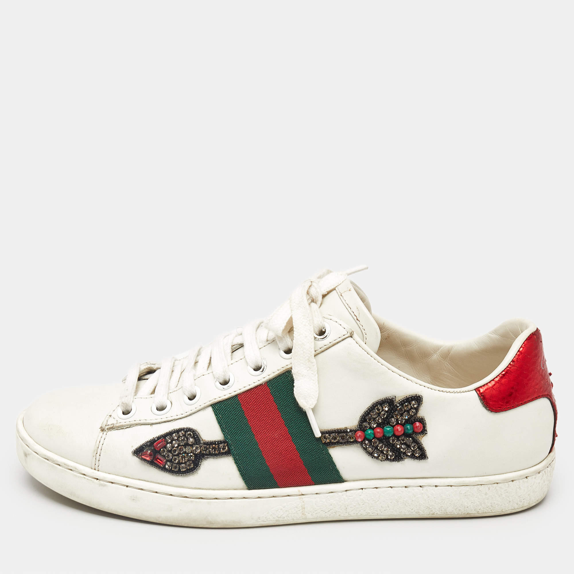 Gucci White Leather Ace Arrow Applique Low Top Sneakers Size 36.5