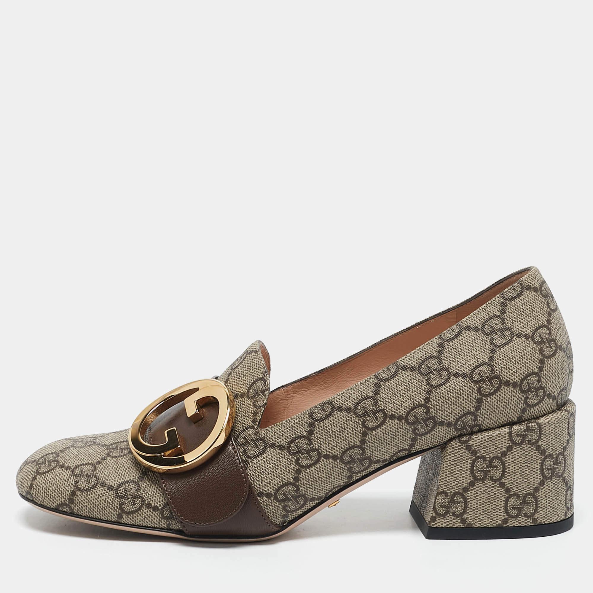 Gucci Beige/Brown GG Supreme Canvas Interlocking G Pumps Size 37