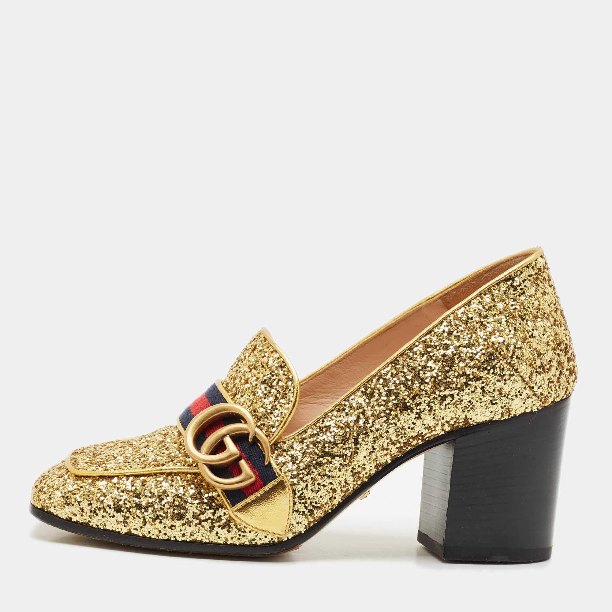 Gucci Gold Glitter Web Peyton GG Marmont Loafer Pumps Size 37