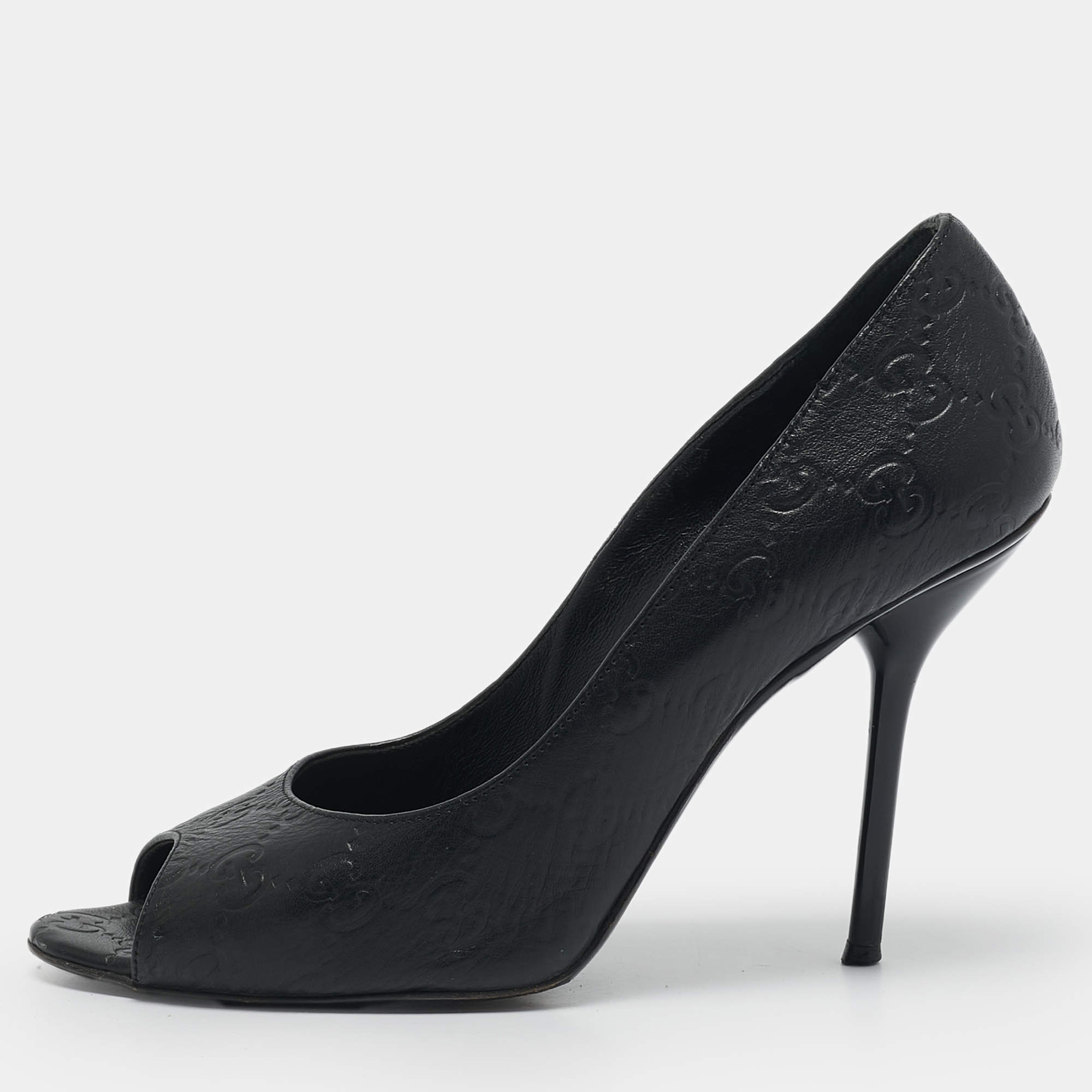 Gucci Black Guccissima Leather Peep Toe Pumps Size 38.5