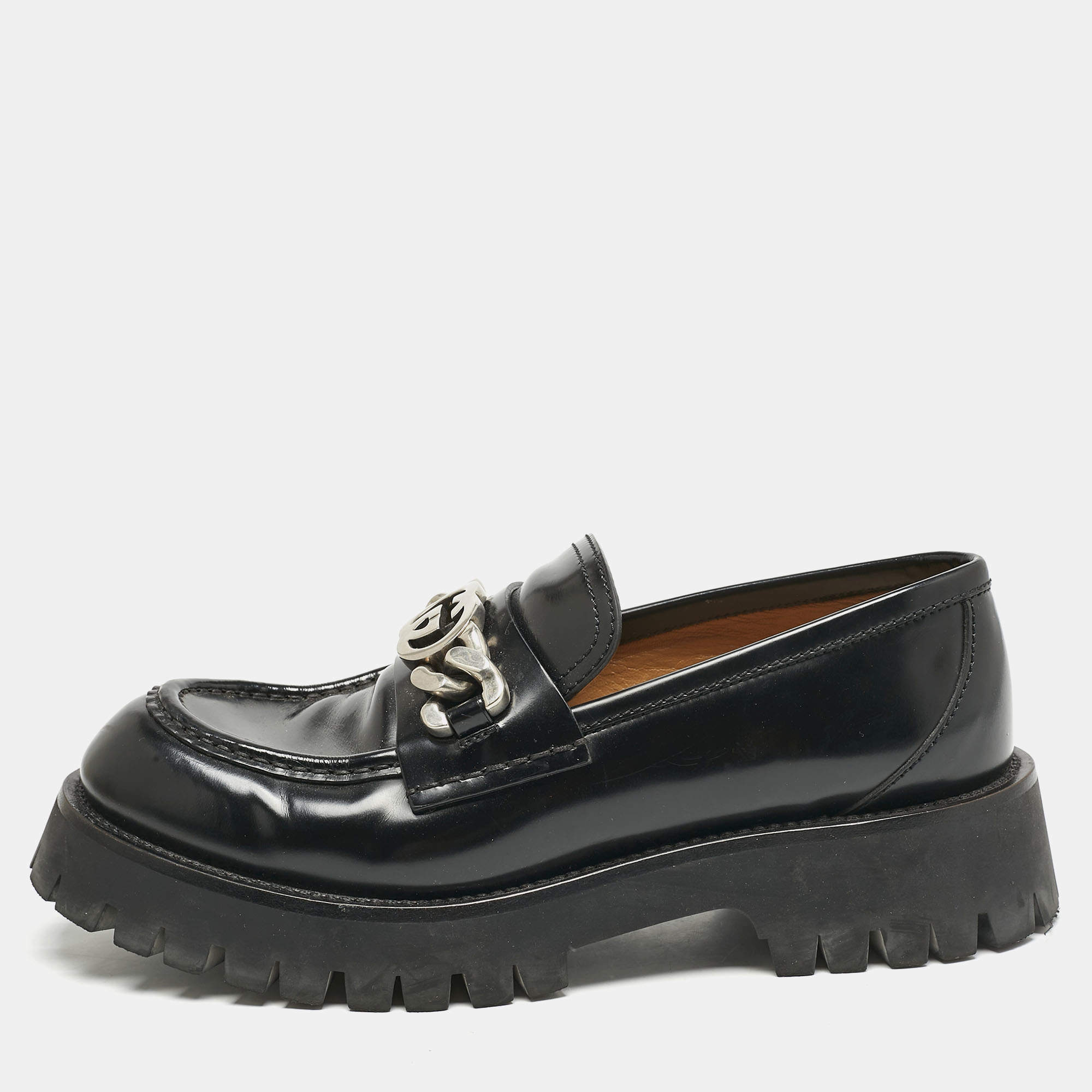 Pre Owned Gucci Black Leather Interlocking G Lug Sole Slip On Loafers Size 40