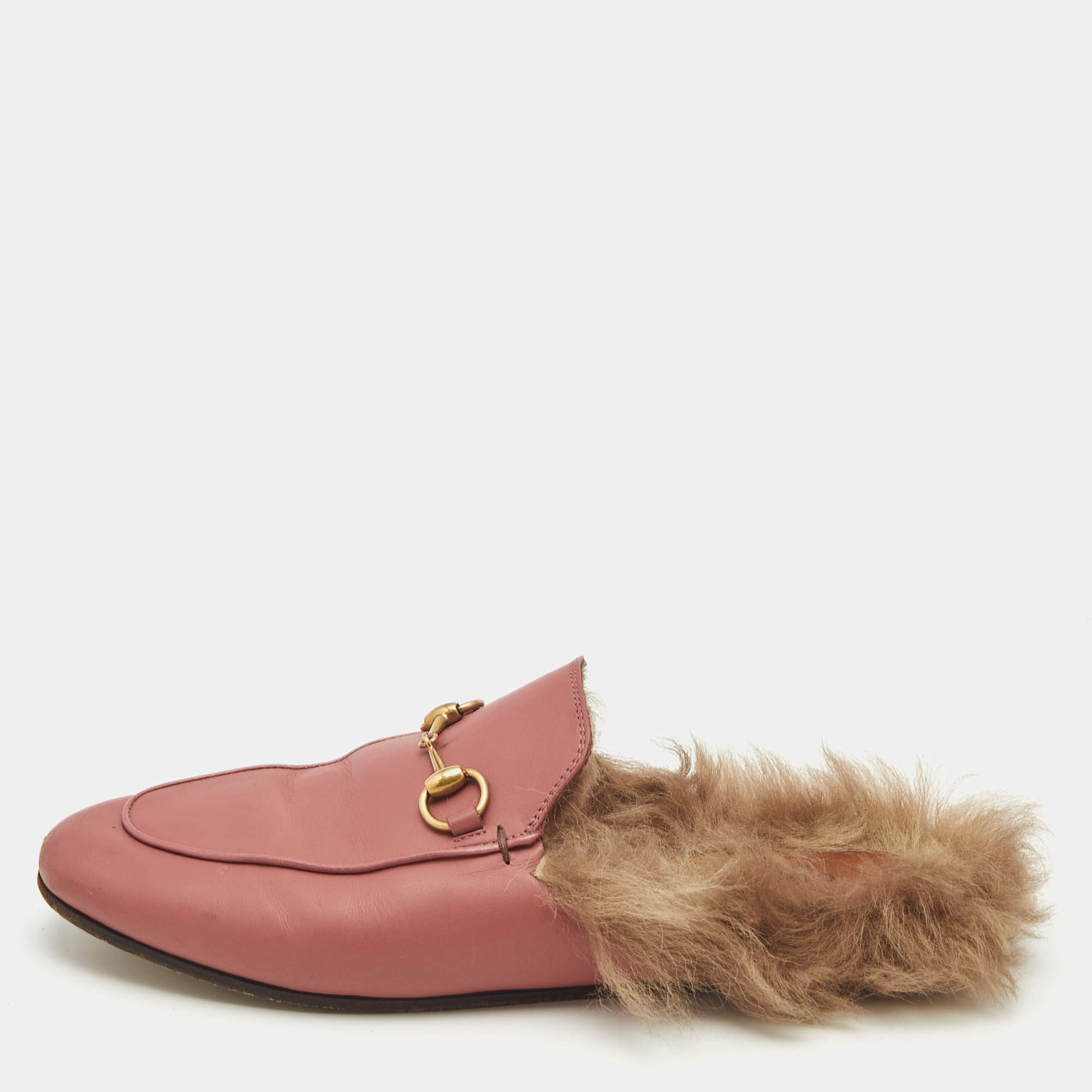 Gucci Pink/Brown Leather and Fur Princetown Flat Mules Size 38