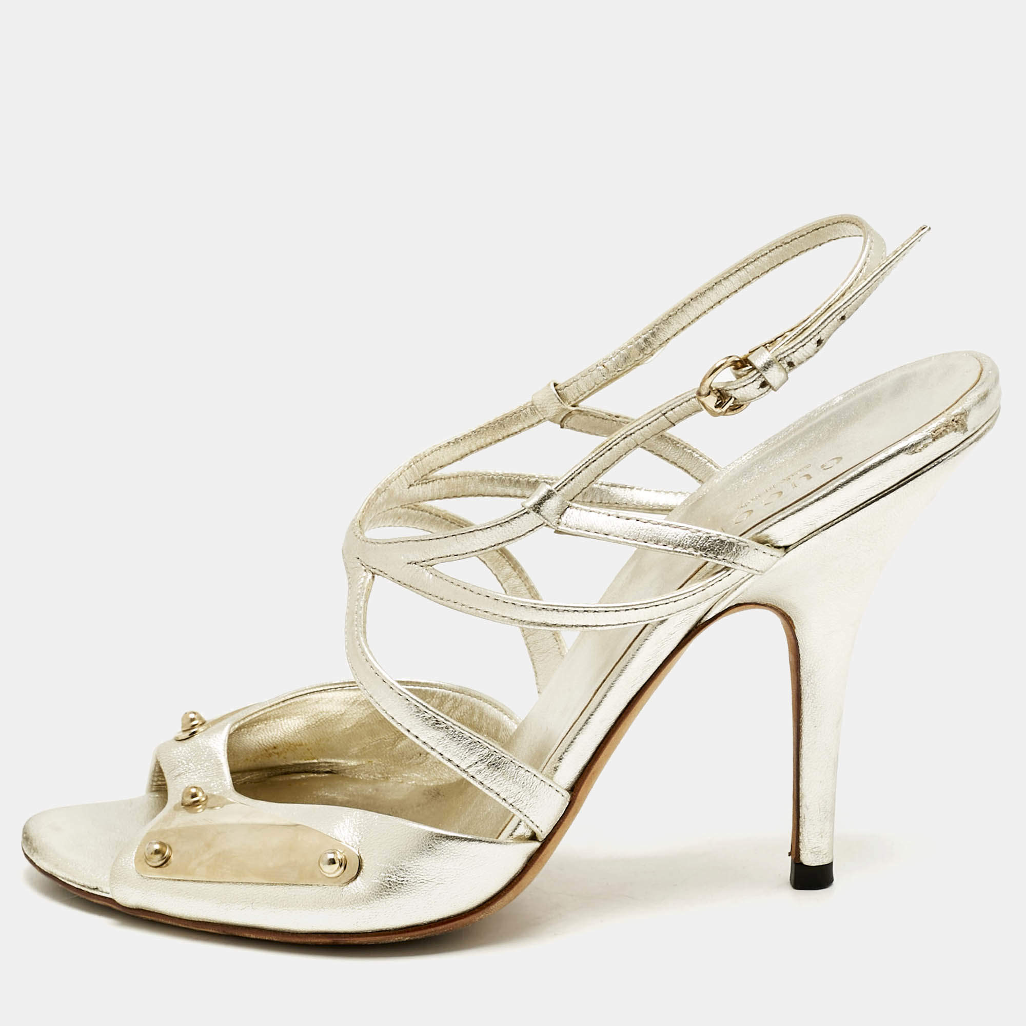Gucci Metallic Gold Leather Embellished Ankle Strap Sandals Size 38