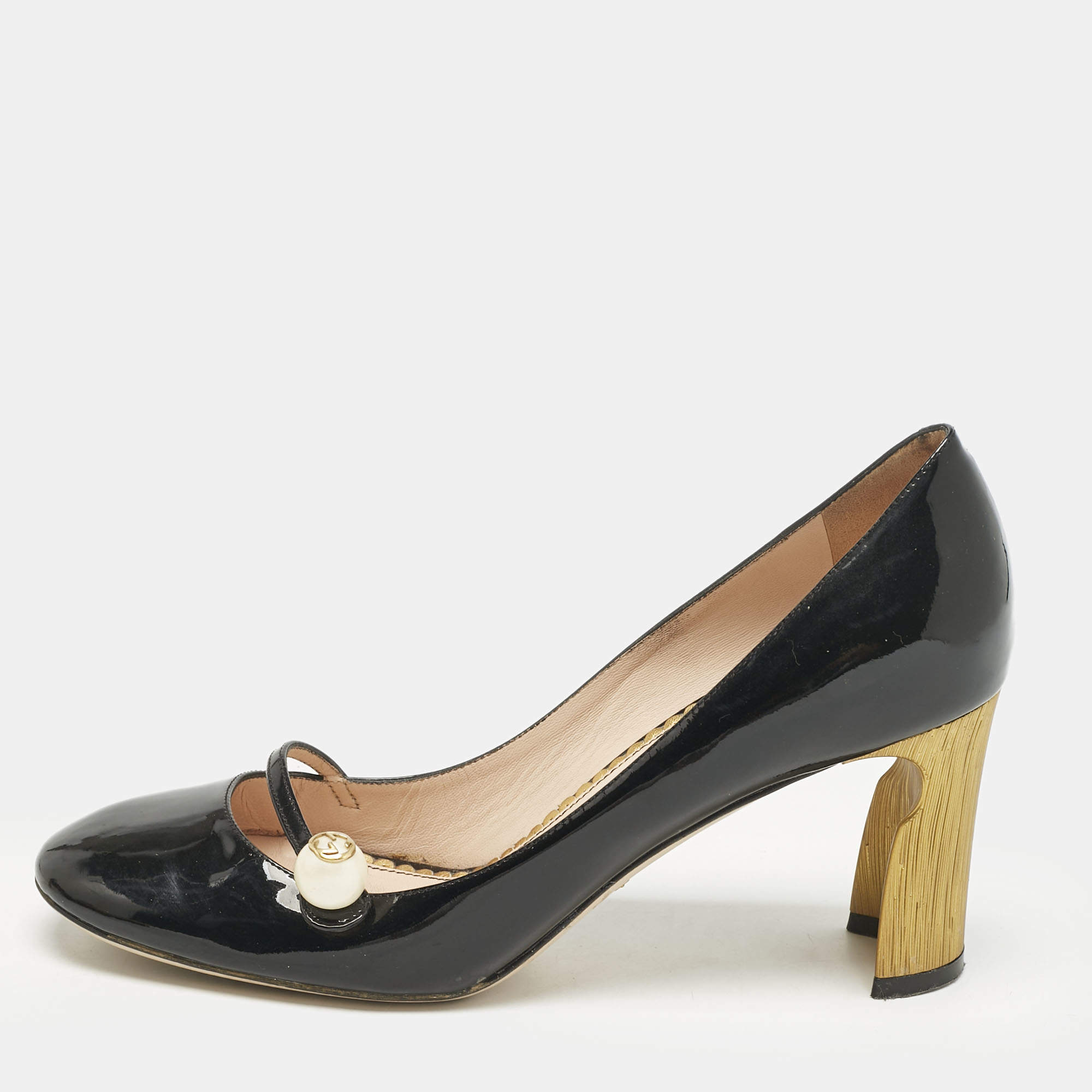 Gucci Black Patent Leather Vernice Pearl Arielle Mary Jane Pumps Size 39