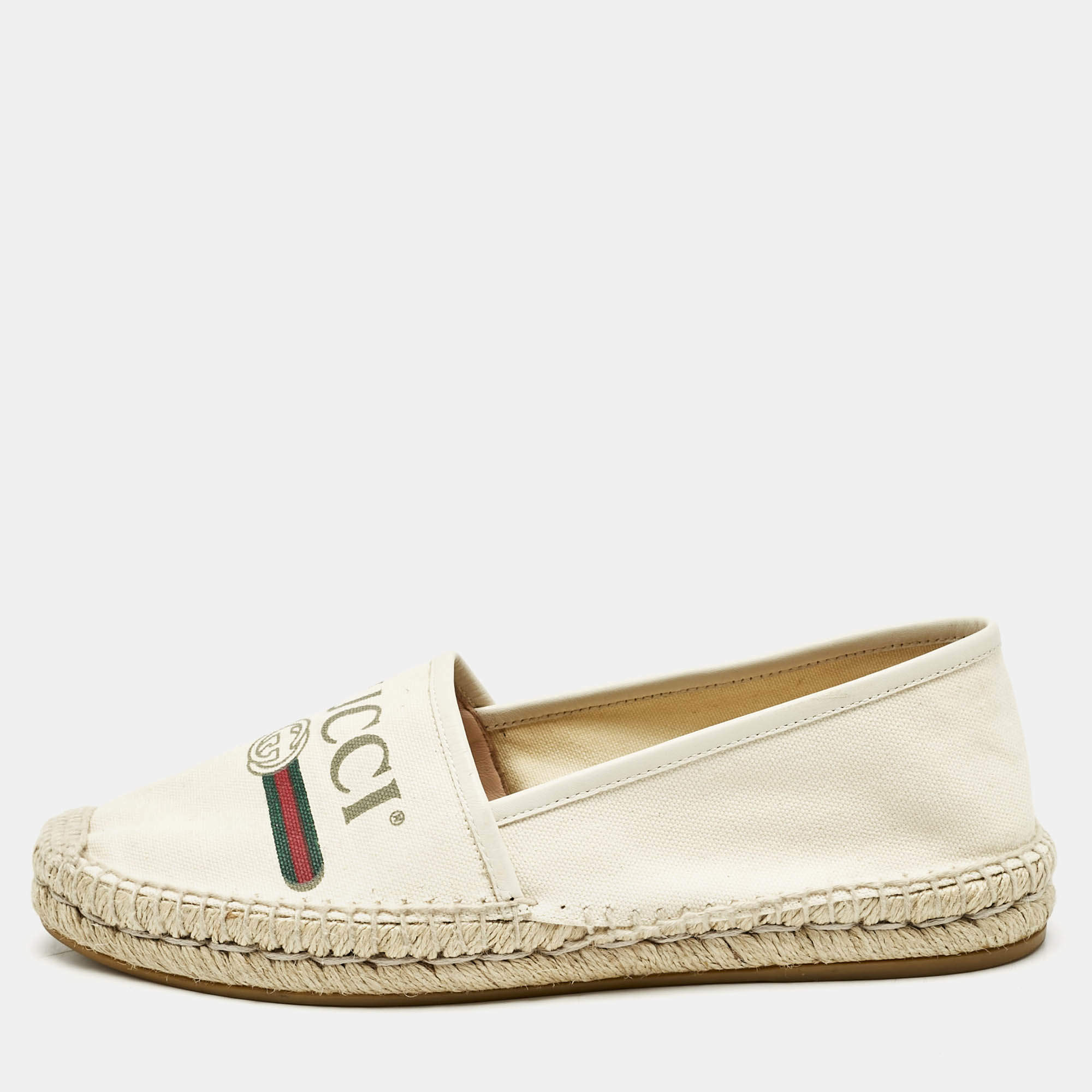 Gucci Canvas Canvas And Leather Trim Logo Print Espadrilles Size 39