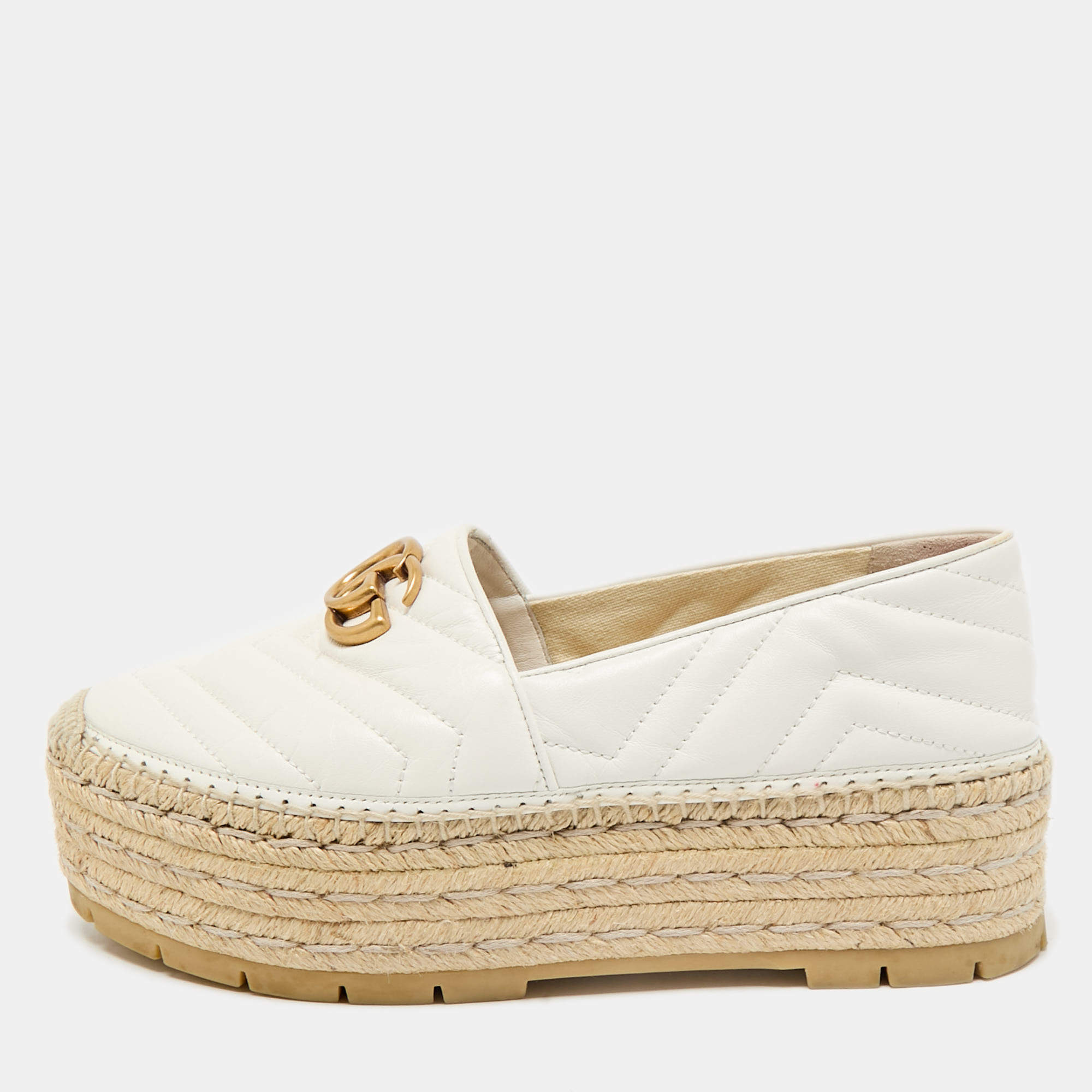 Pre Owned Gucci White Leather GG Marmont Espadrille Flats Size 39