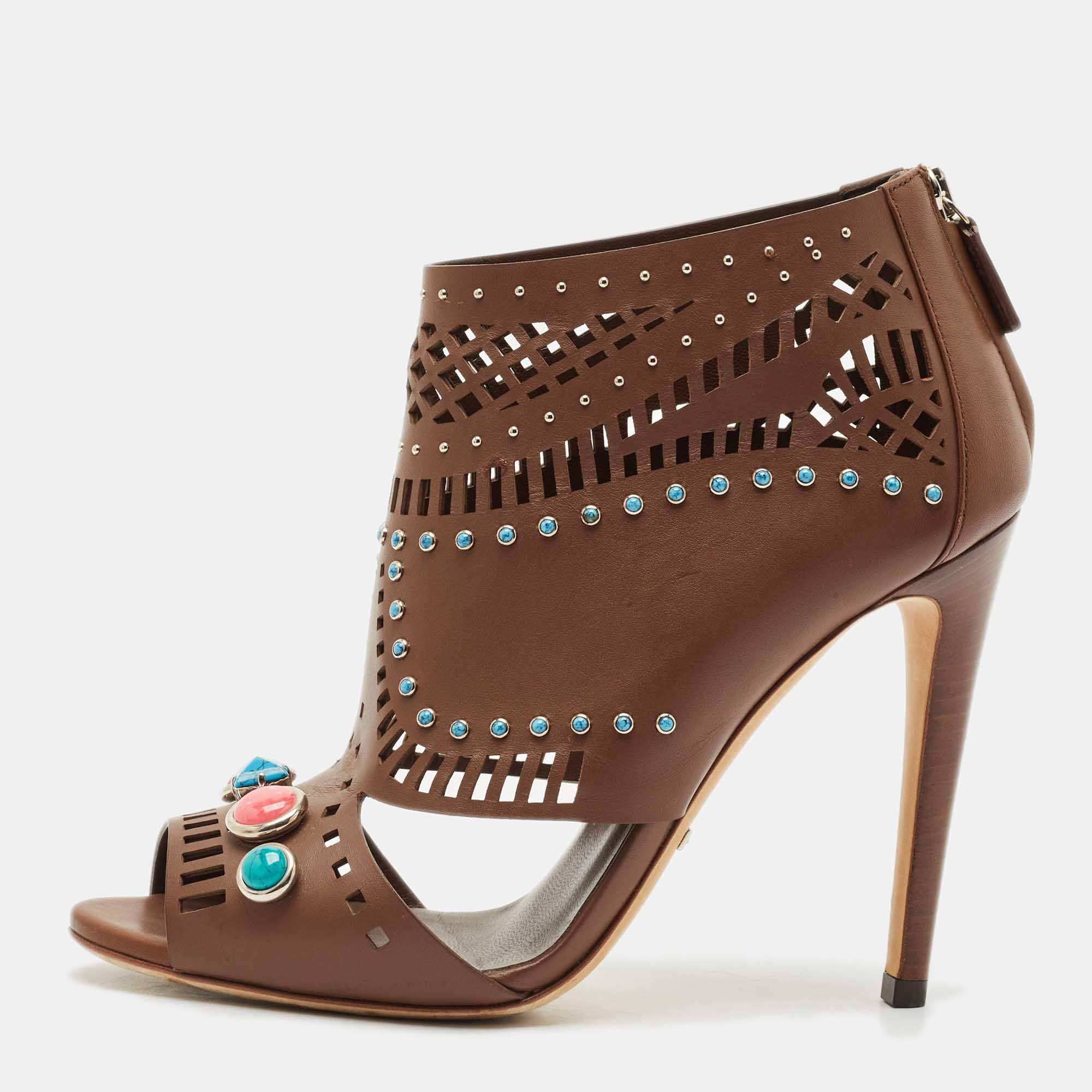Gucci Brown Leather Lika Embellished Booties Size 38.5
