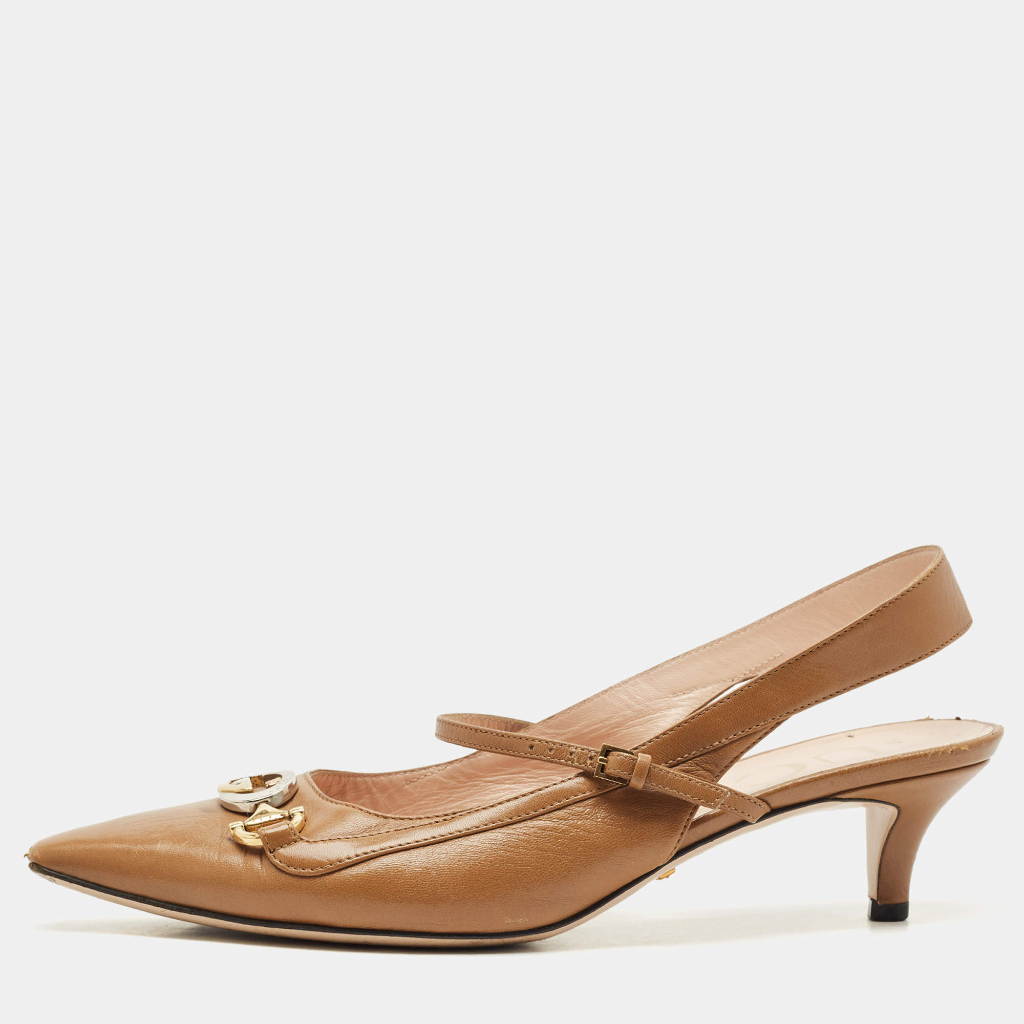 Gucci Brown Leather Interlocking G Horsebit Zumi Slingback Pumps Size 39
