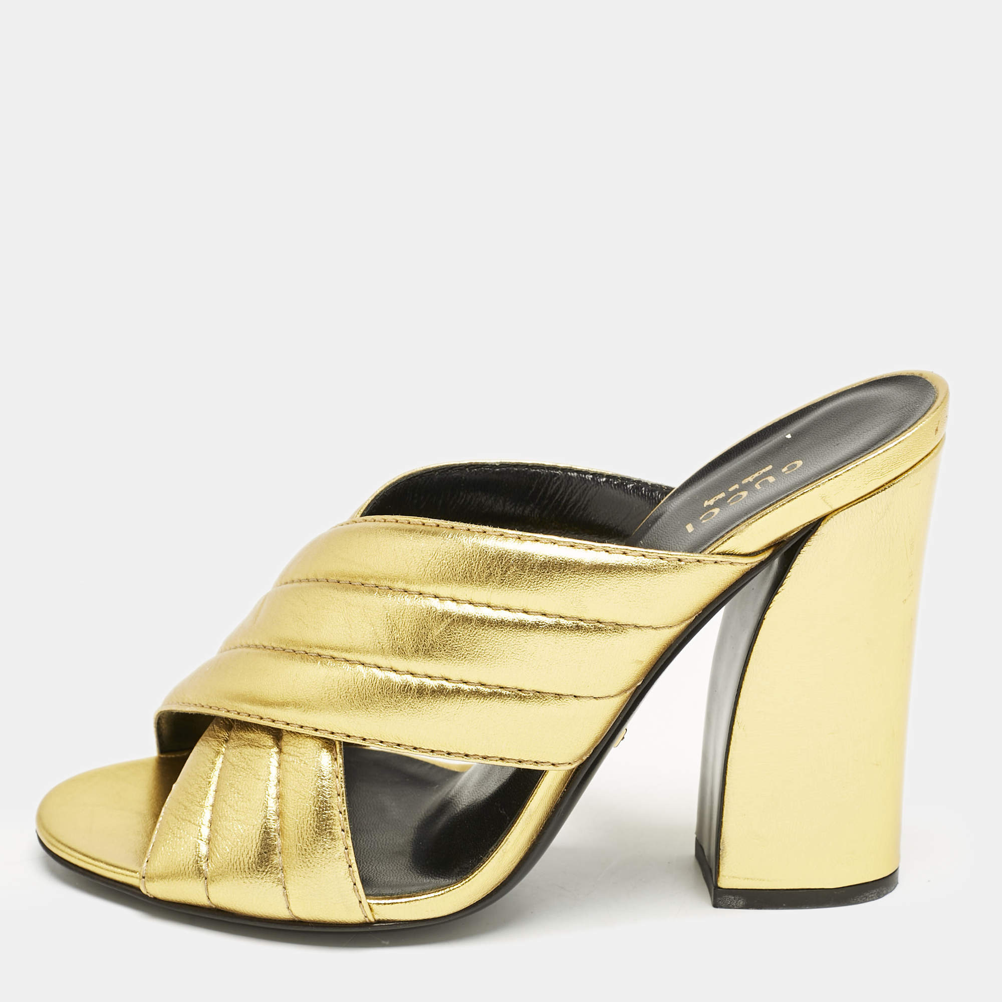 Gucci Gold Quilted Leather Crisscross Block Heel Slide Sandals Size 39.5