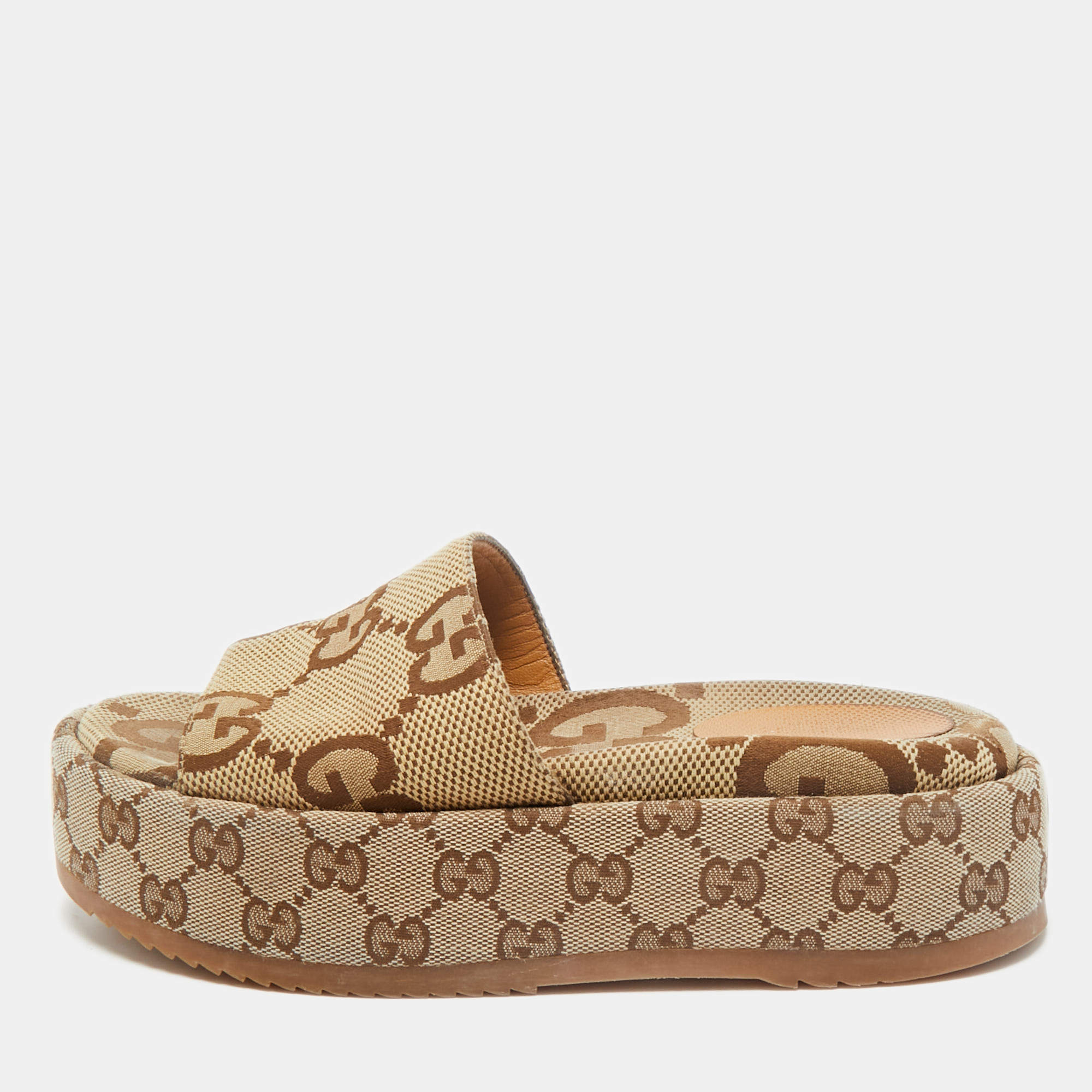 Gucci Beige Jumbo GG Canvas Platform Slides Size 36