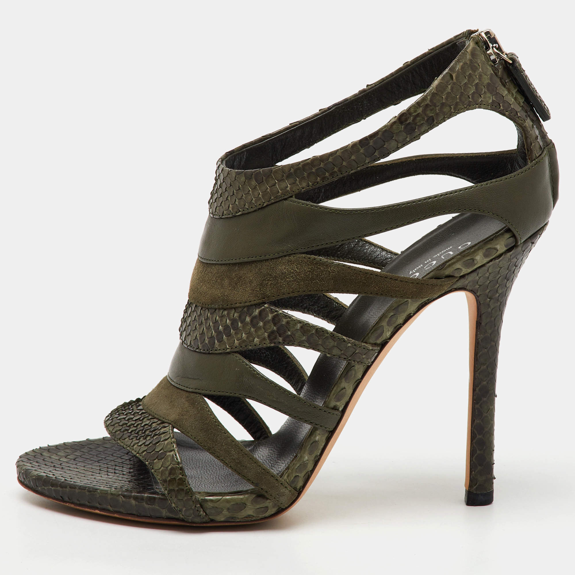 Gucci Olive Green Python Leather and Suede Gladiator Sandals Size 36