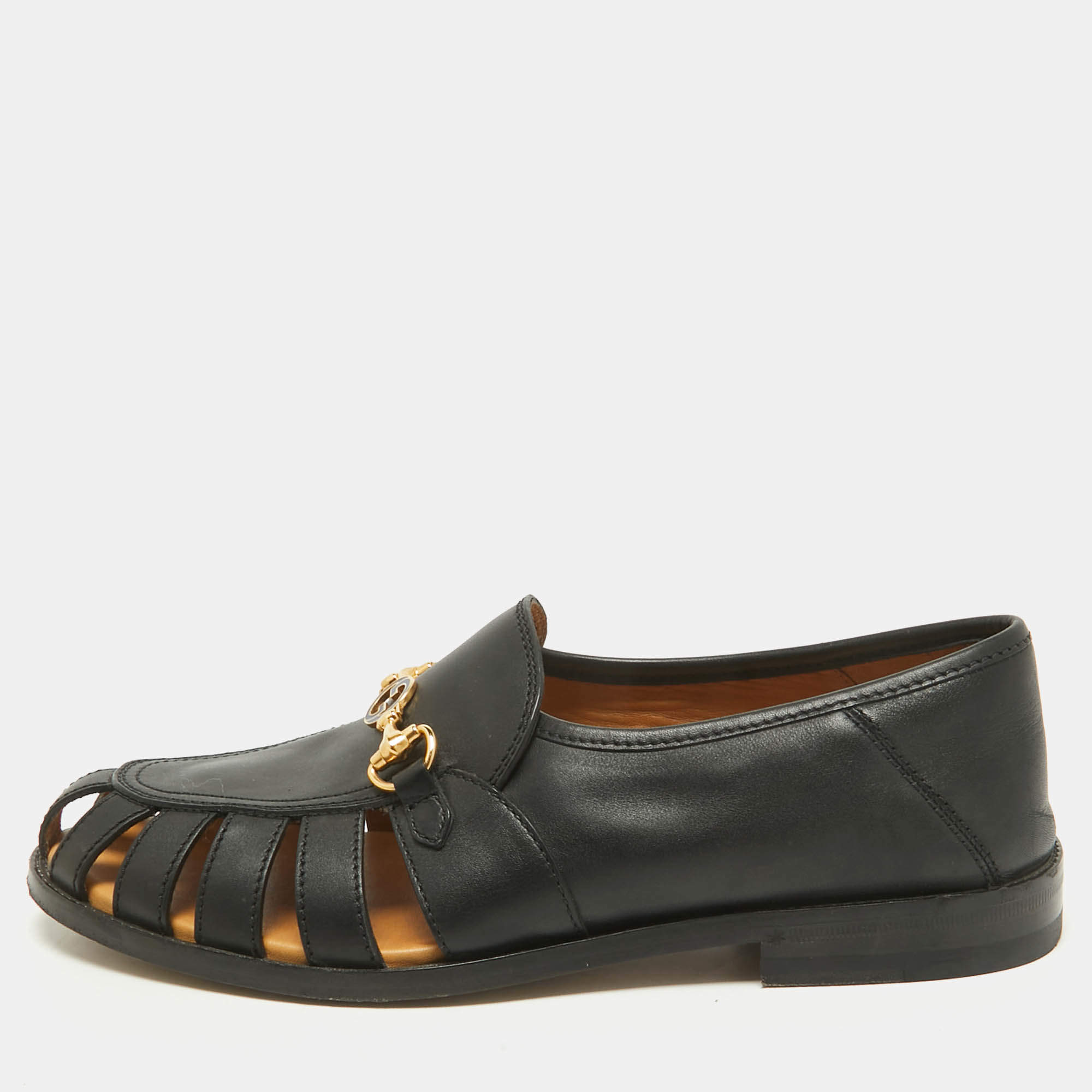 Gucci Black Cut Out Leather Talete Horsebit Slip On Loafers Size 39.5
