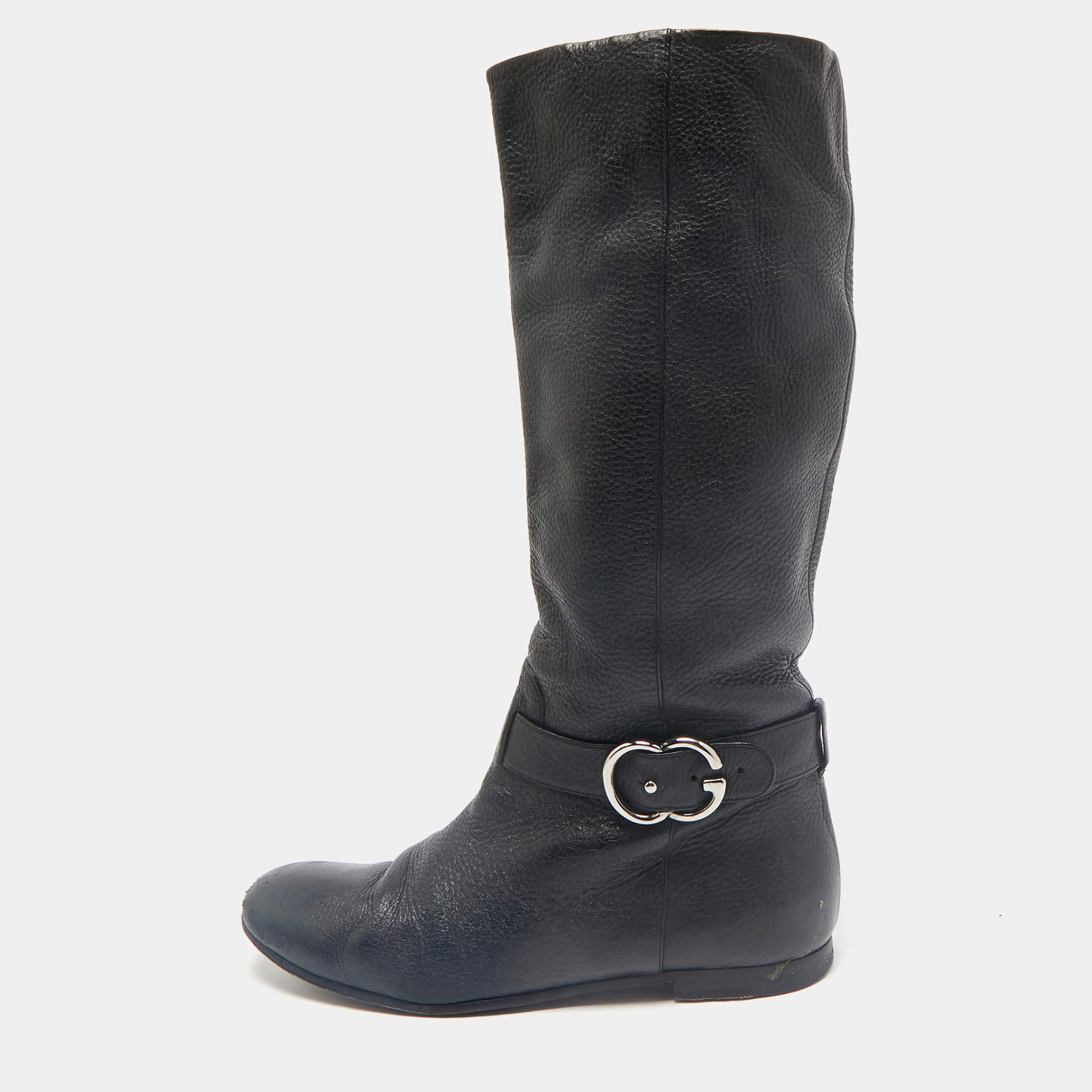 Gucci Black Leather GG Riding Knee Length Boots Size 40