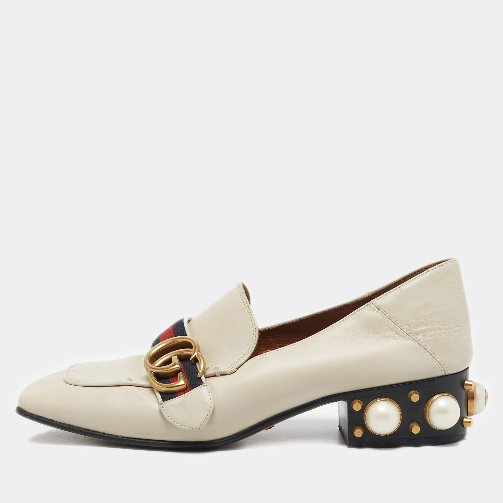 Gucci Off White Leather Interlocking G Horsebit Slip On Loafers Size 36.5