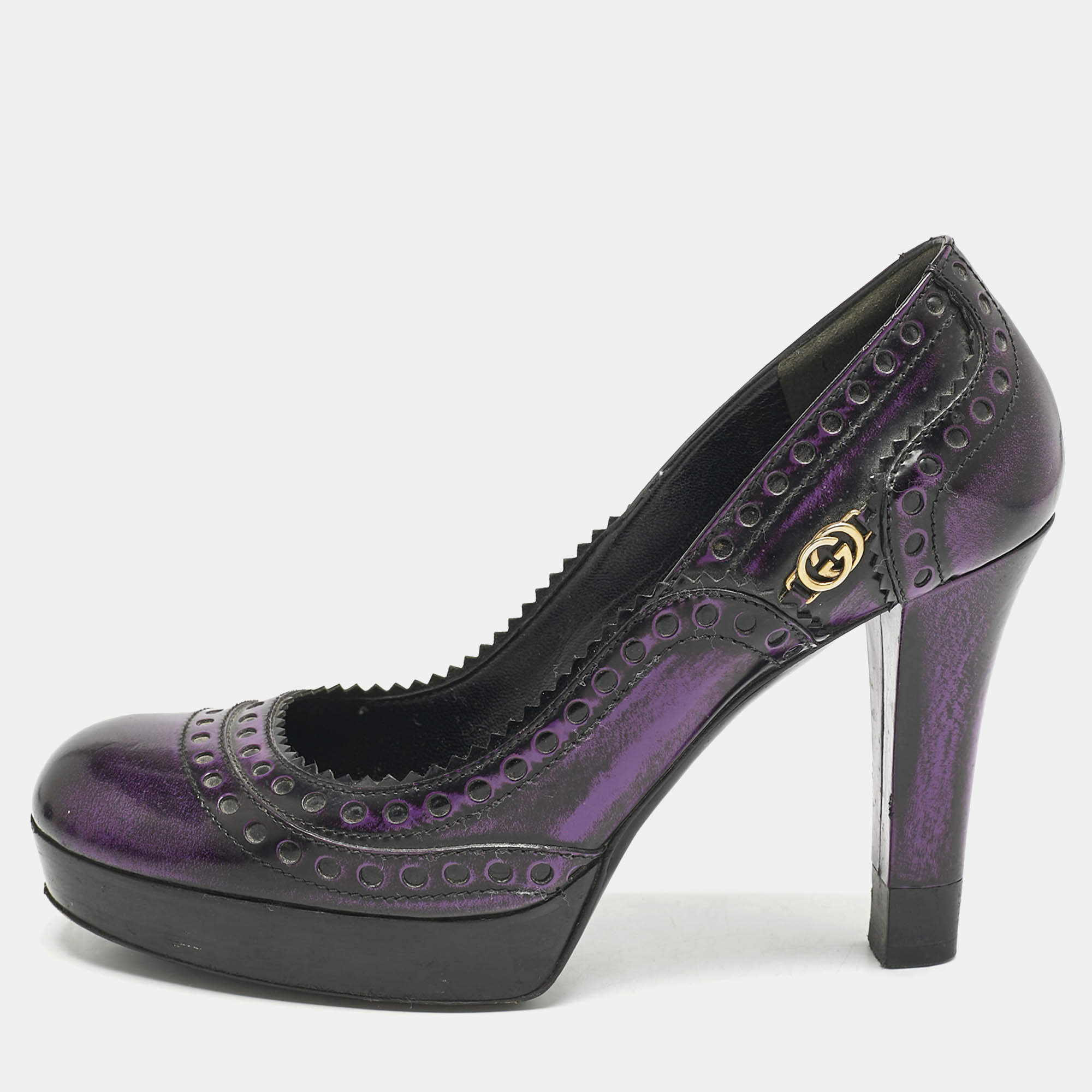 Gucci Purple/Black Leather Brogue Round Toe Platform Pumps Size 37.5