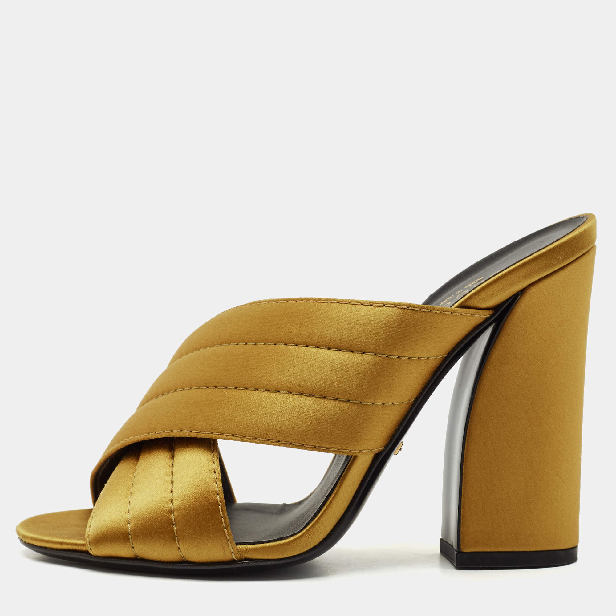 Gucci Mustard Yellow Quilted Satin Crisscross Block Heel Slide Sandals Size 38.5