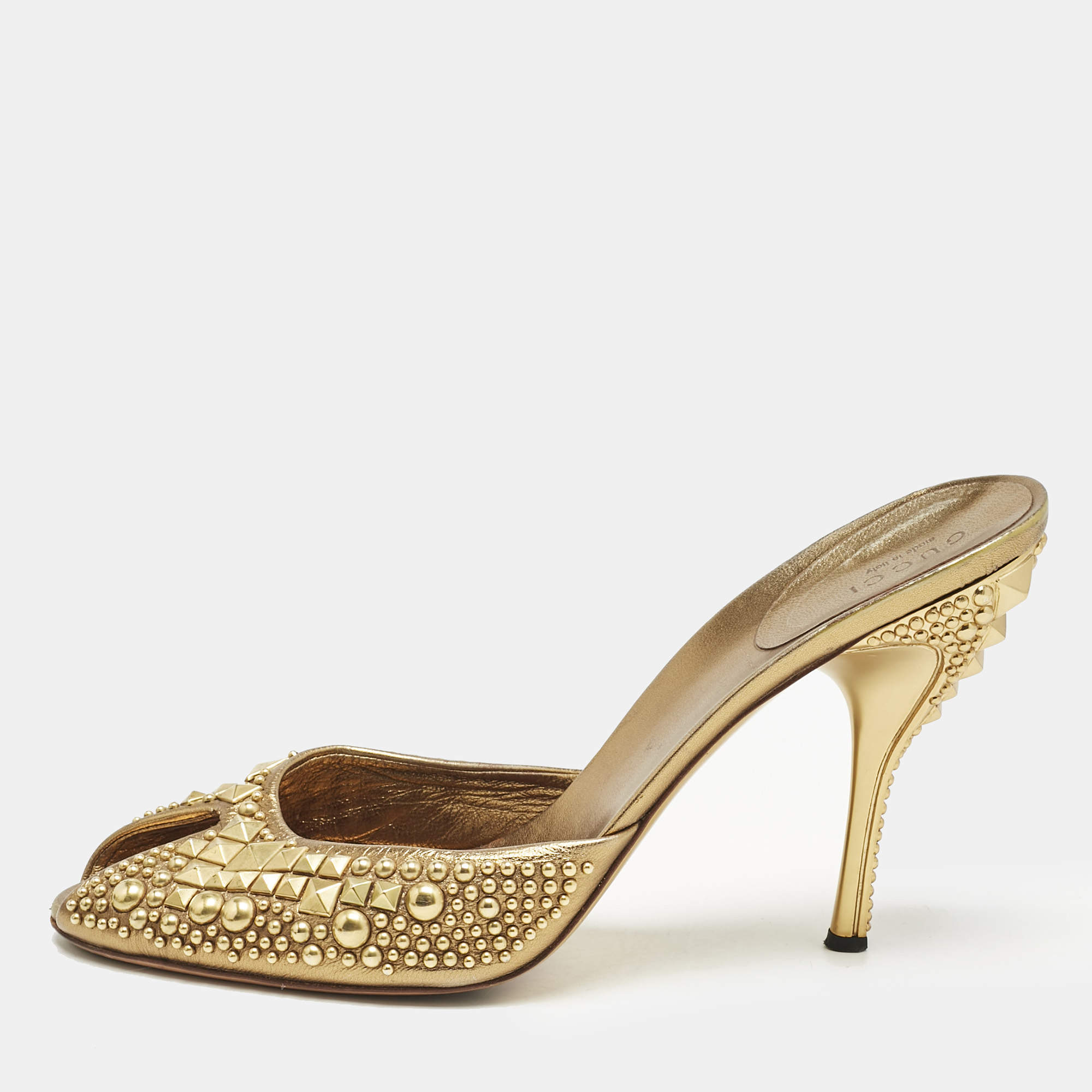Gucci Metallic Gold Studded Leather Peep Toe Slide Mules Size 40.5