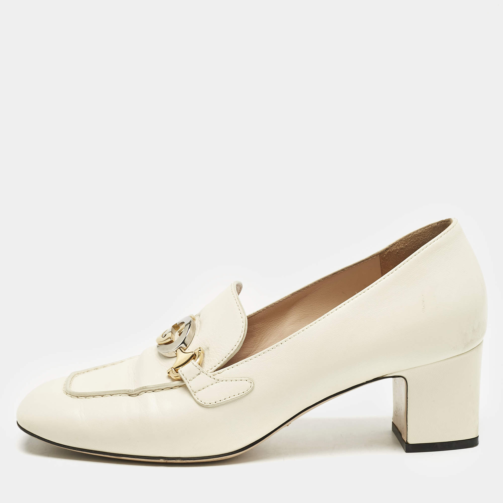 Pre Owned Gucci Off White Leather Zumi GG Block Heel Loafer Pumps Size 40