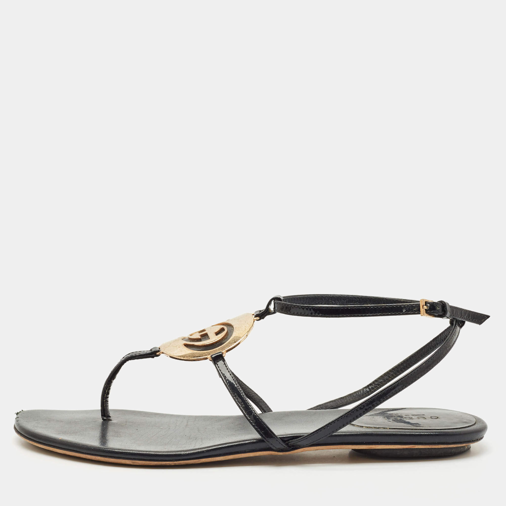 Gucci Black Patent Leather Logo Buckle Flat Thong Sandals Size 39
