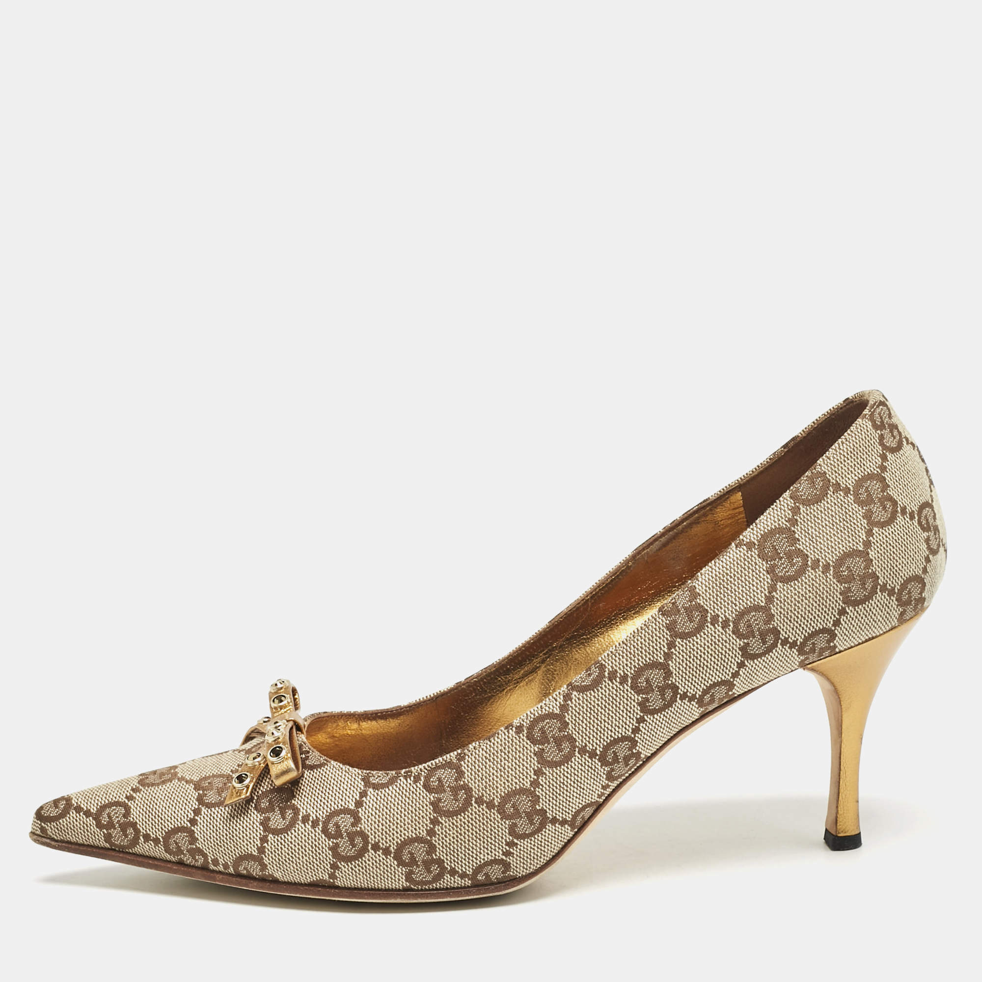 Gucci Beige GG Canvas and Leather Crystal Embellished Bow Pumps Size 37
