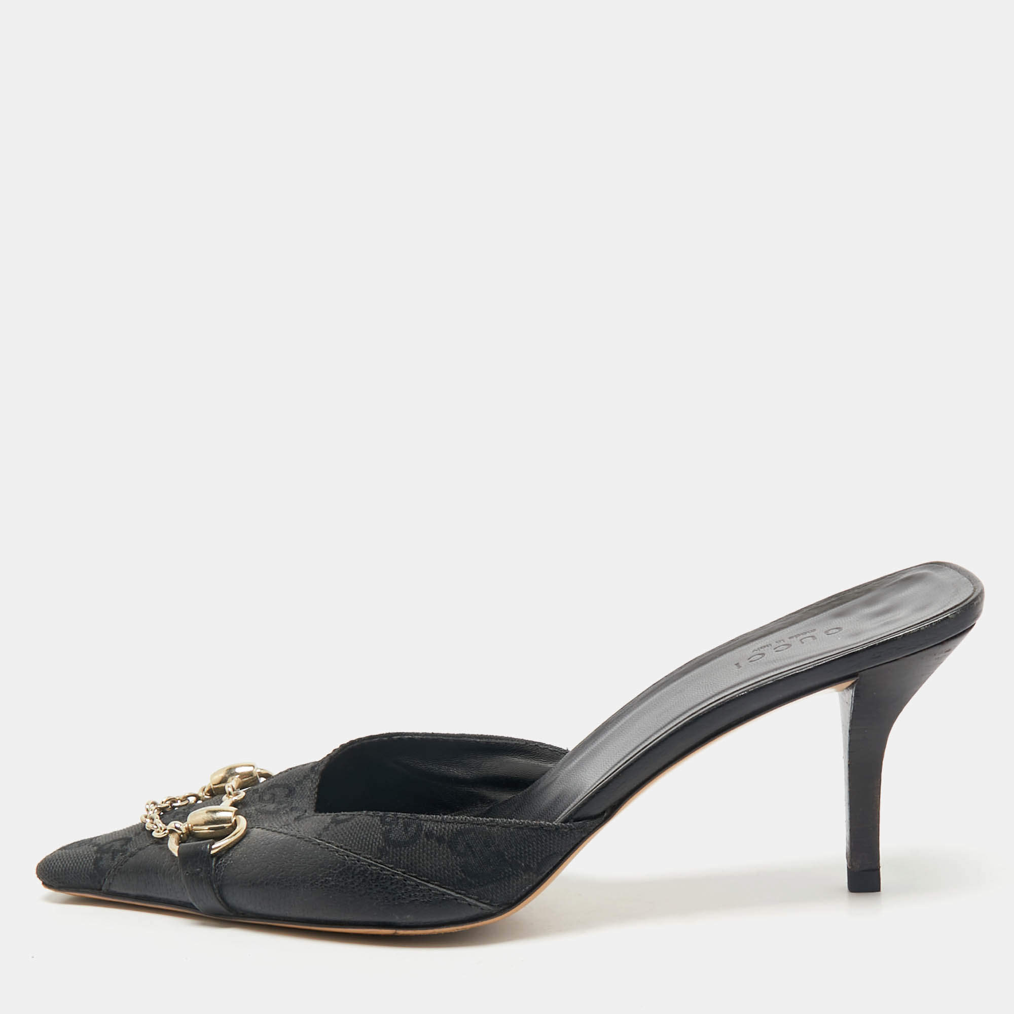 Gucci Black GG Canvas and Leather Vintage Horsebit Chain Mules Size 39