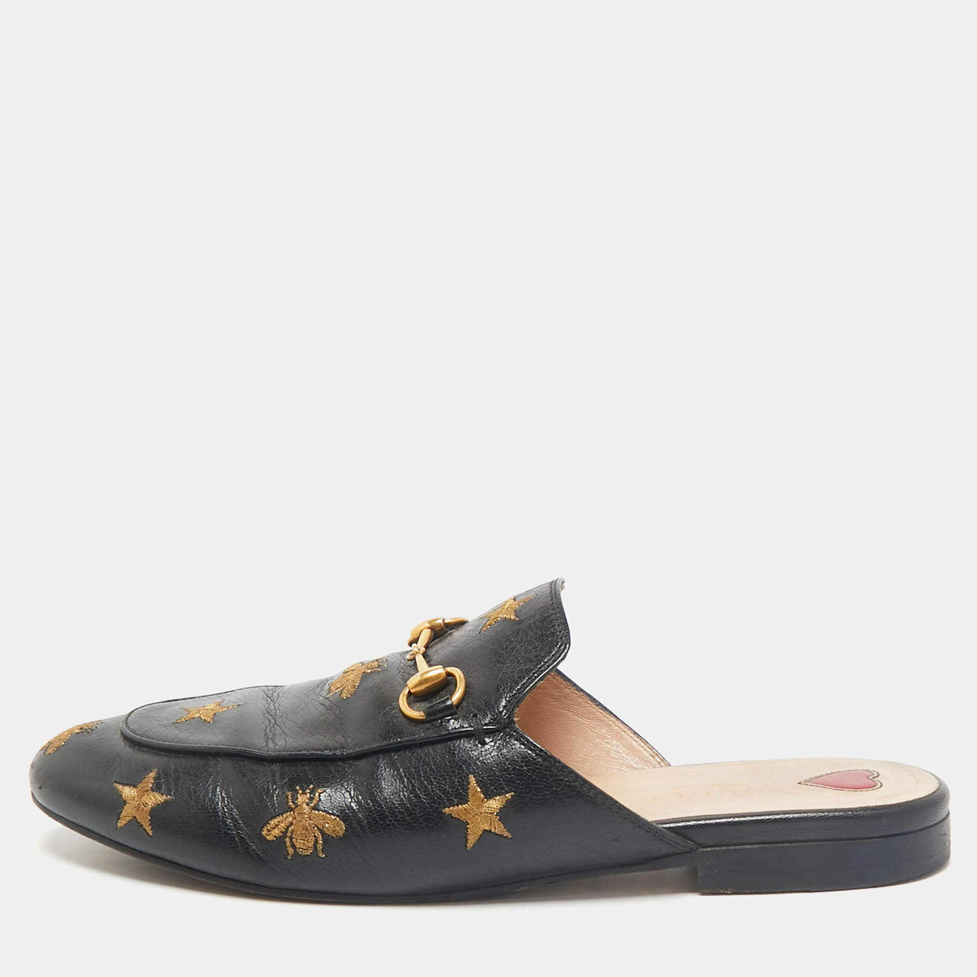 Gucci Black Leather Bee and Star Embroidered Horsebit Princetown Flat Mules Size 38