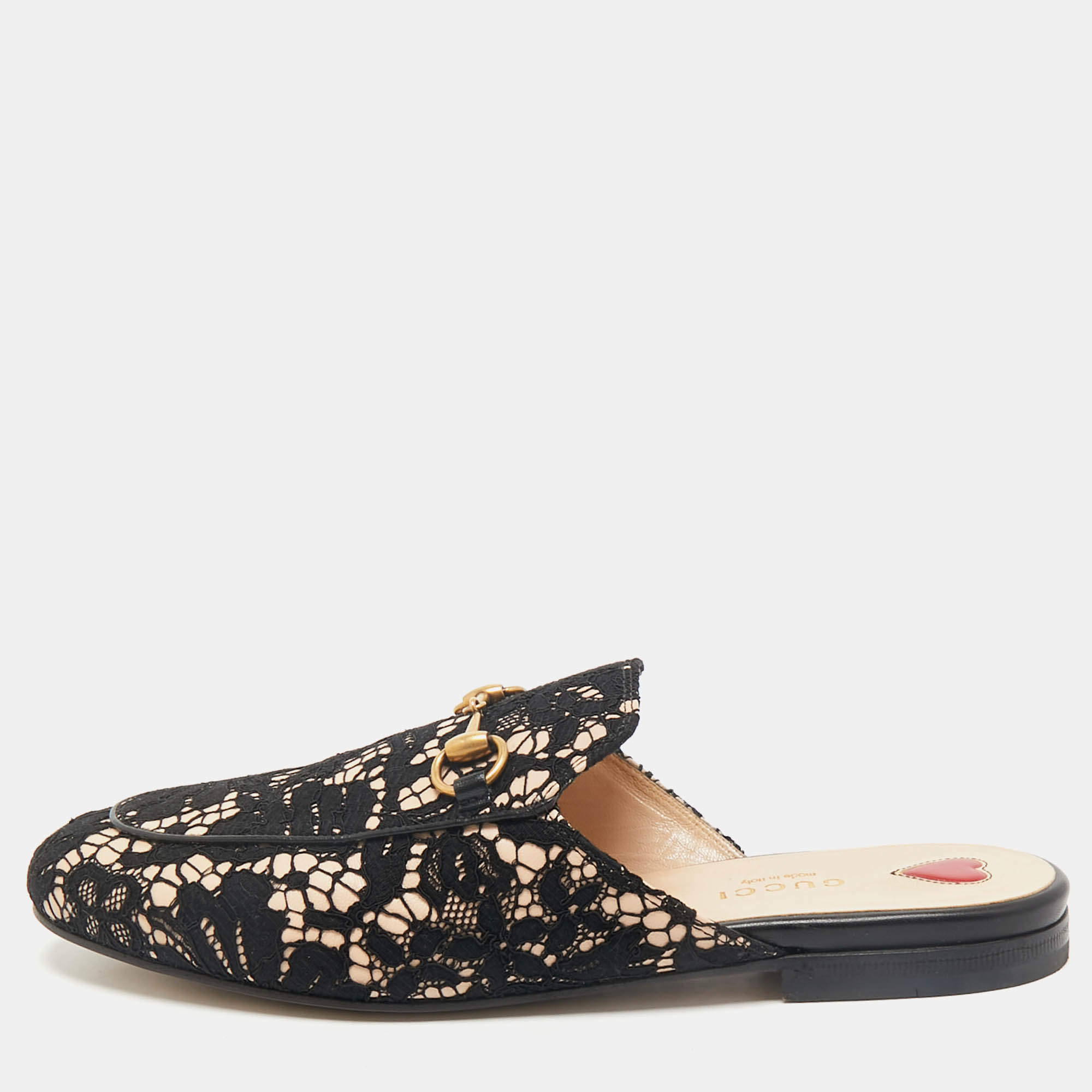Gucci Black/Beige Lace and Leather Horsebit Princetown Flat Mules Size 38
