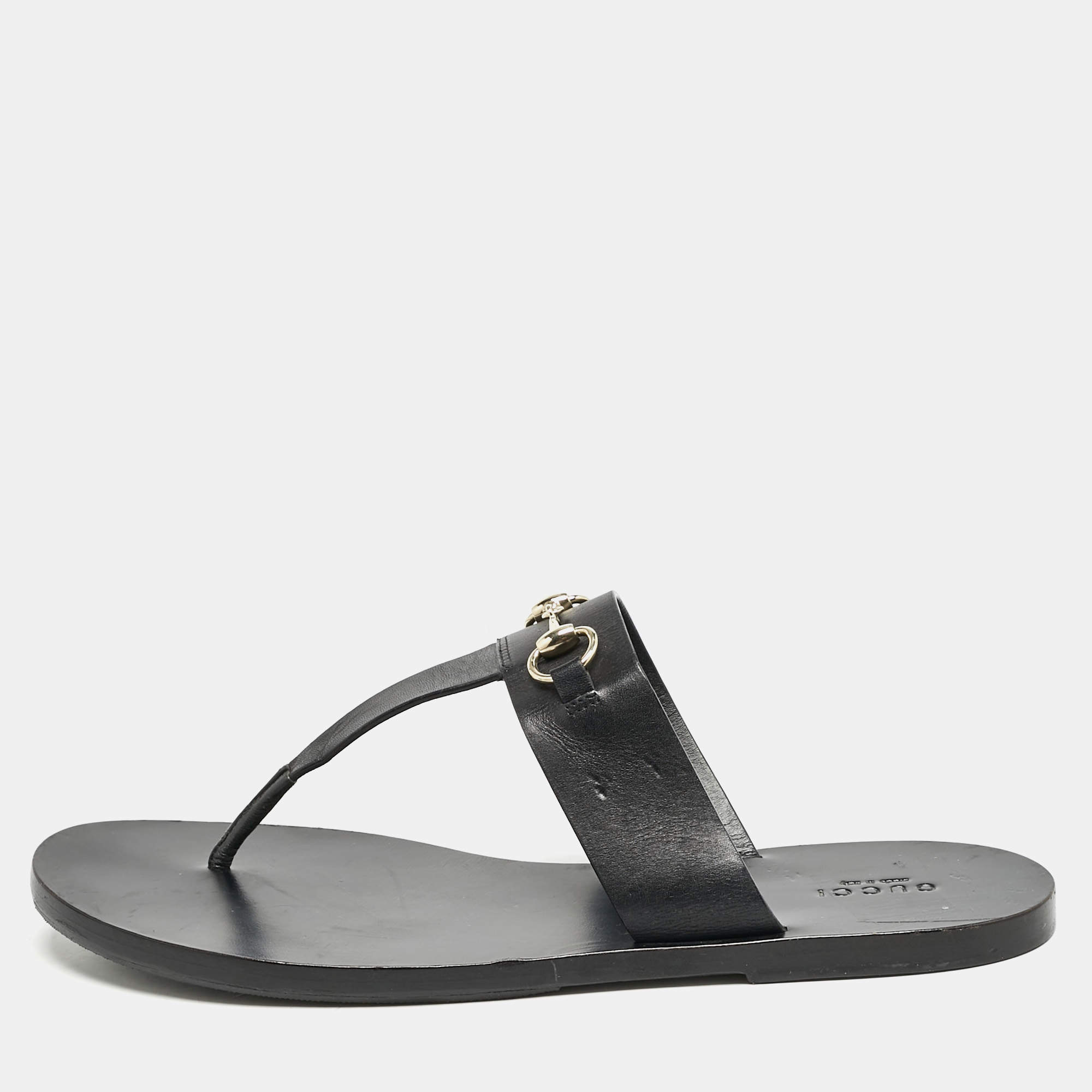 Gucci Black Leather Horsebit Thong Flats Size 39.5
