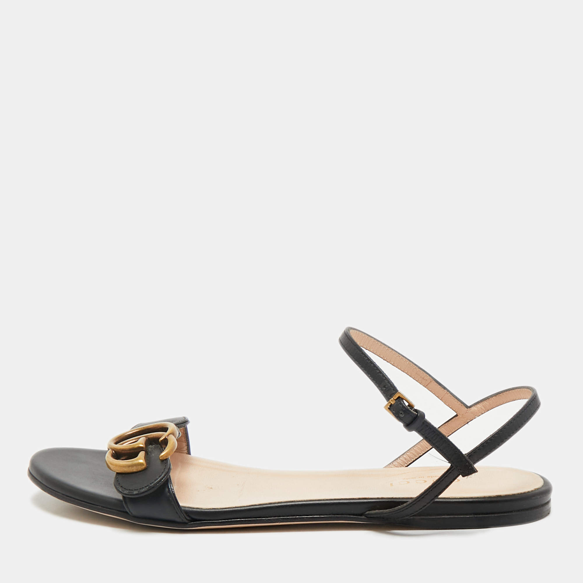 Gucci Black Leather GG Marmont Ankle Strap Flat Sandals Size 36