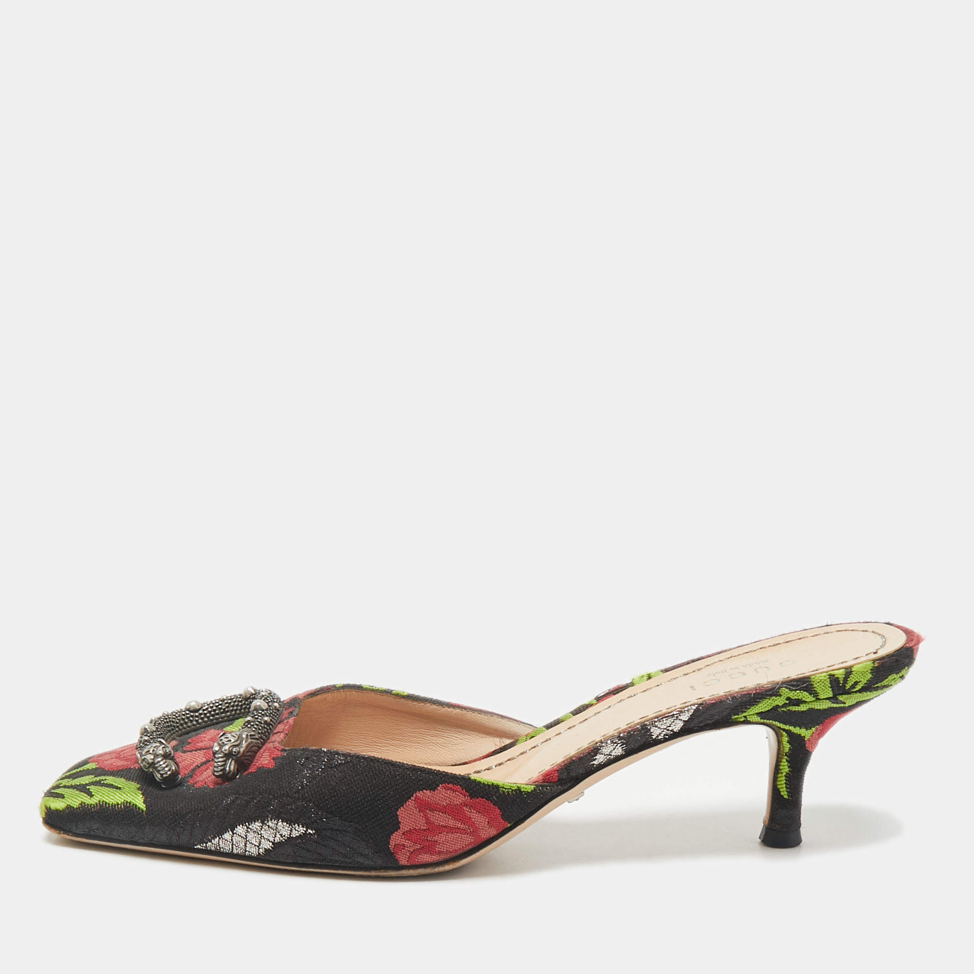 Gucci Black Floral Brocade Fabric Dionysus Square Toe Slip On Mules Size 37